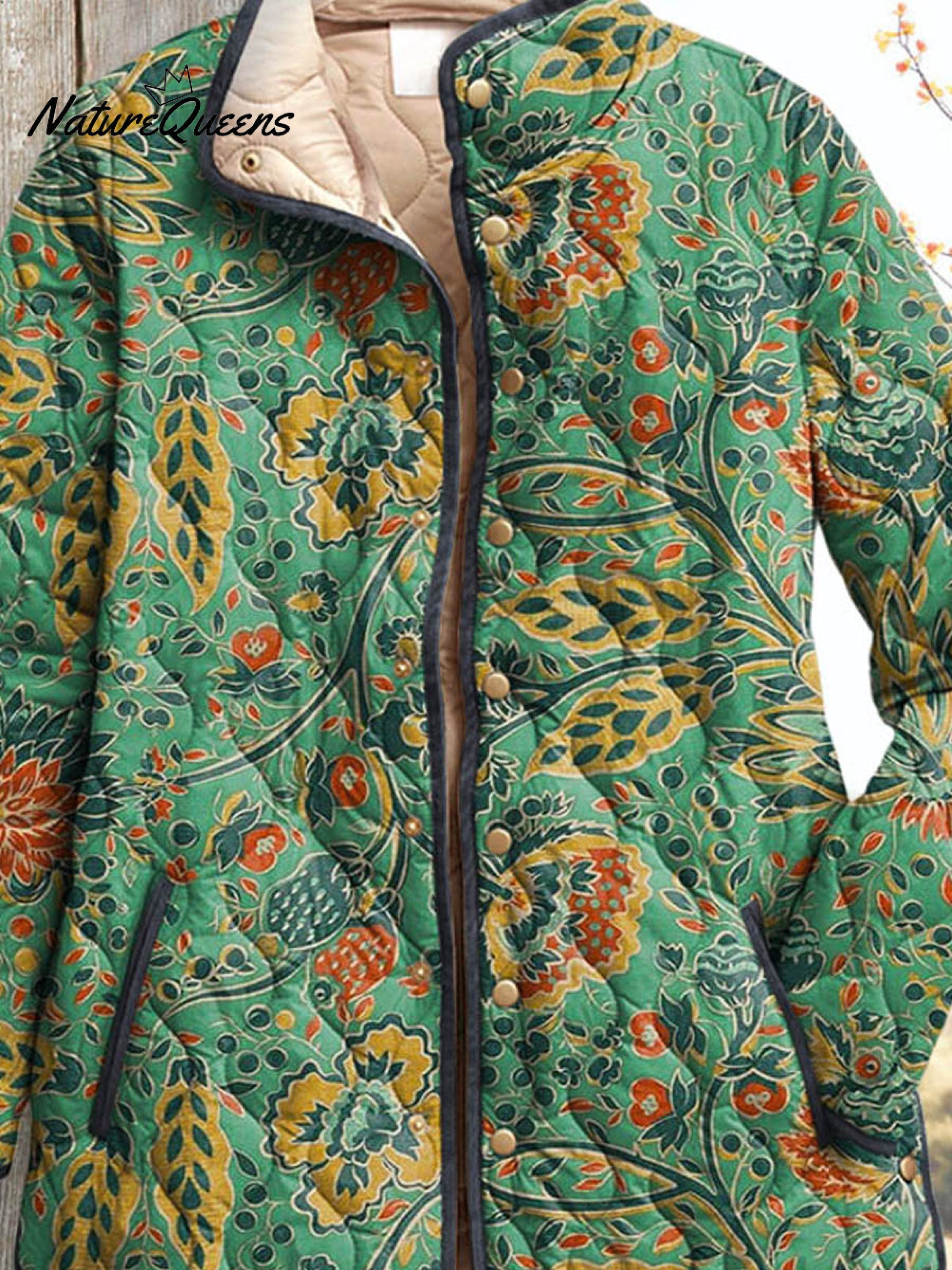Women's Vintage Lovely Floral Art Print Casual Quilted Cardigan