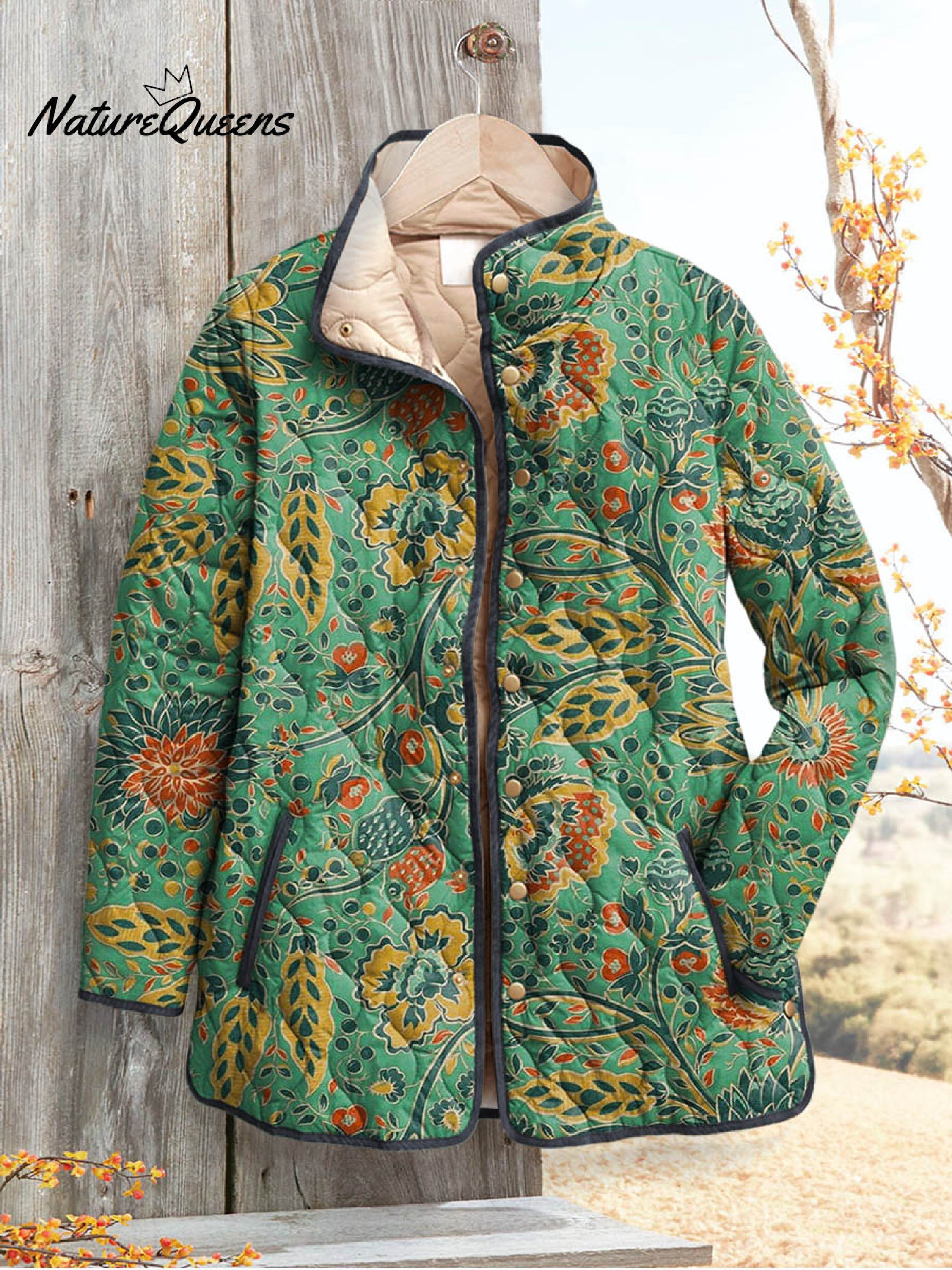 Women's Vintage Lovely Floral Art Print Casual Quilted Cardigan