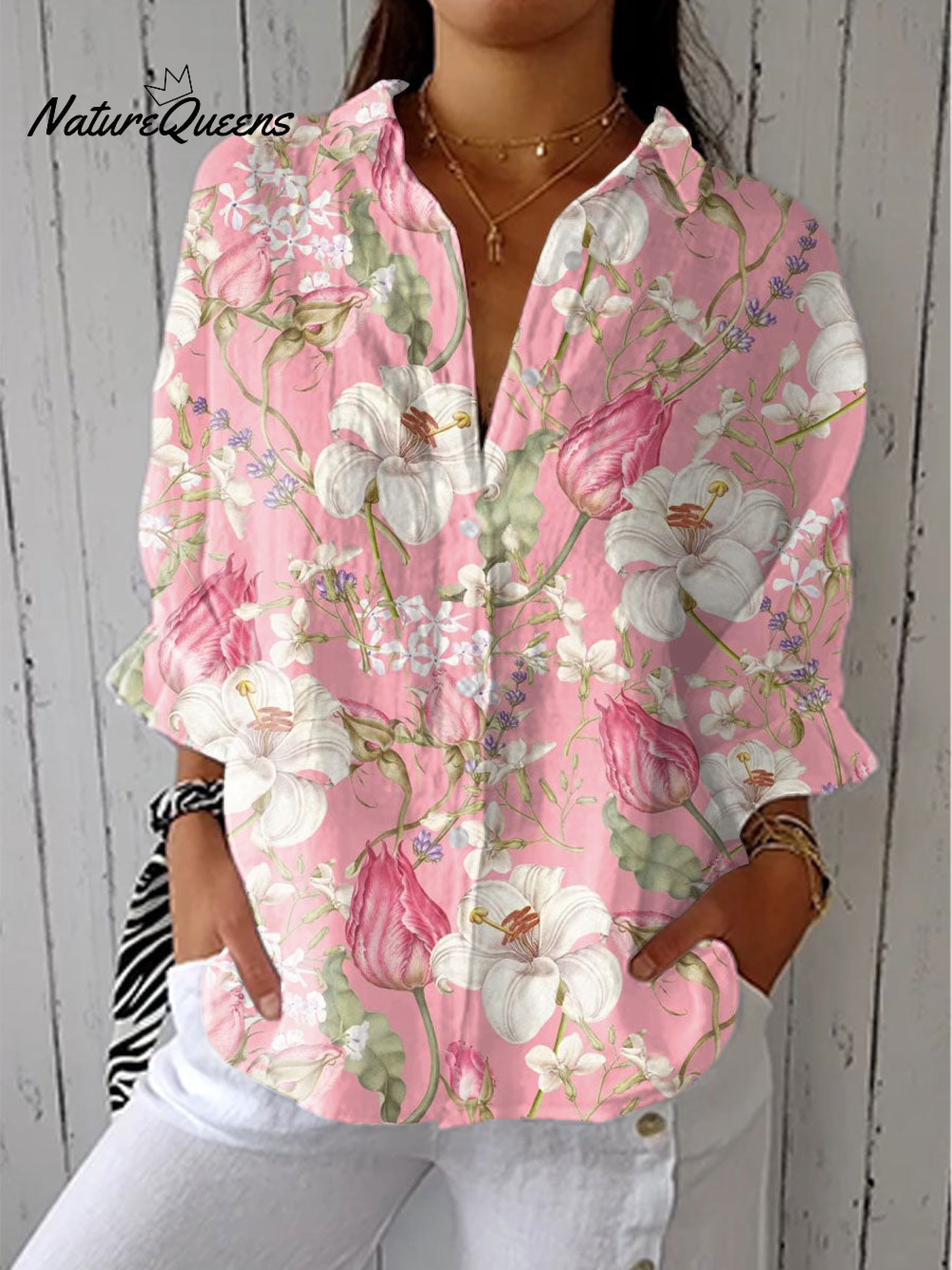 Women's  Vintage Floral Art Print Casual Linen V-neck Shirt
