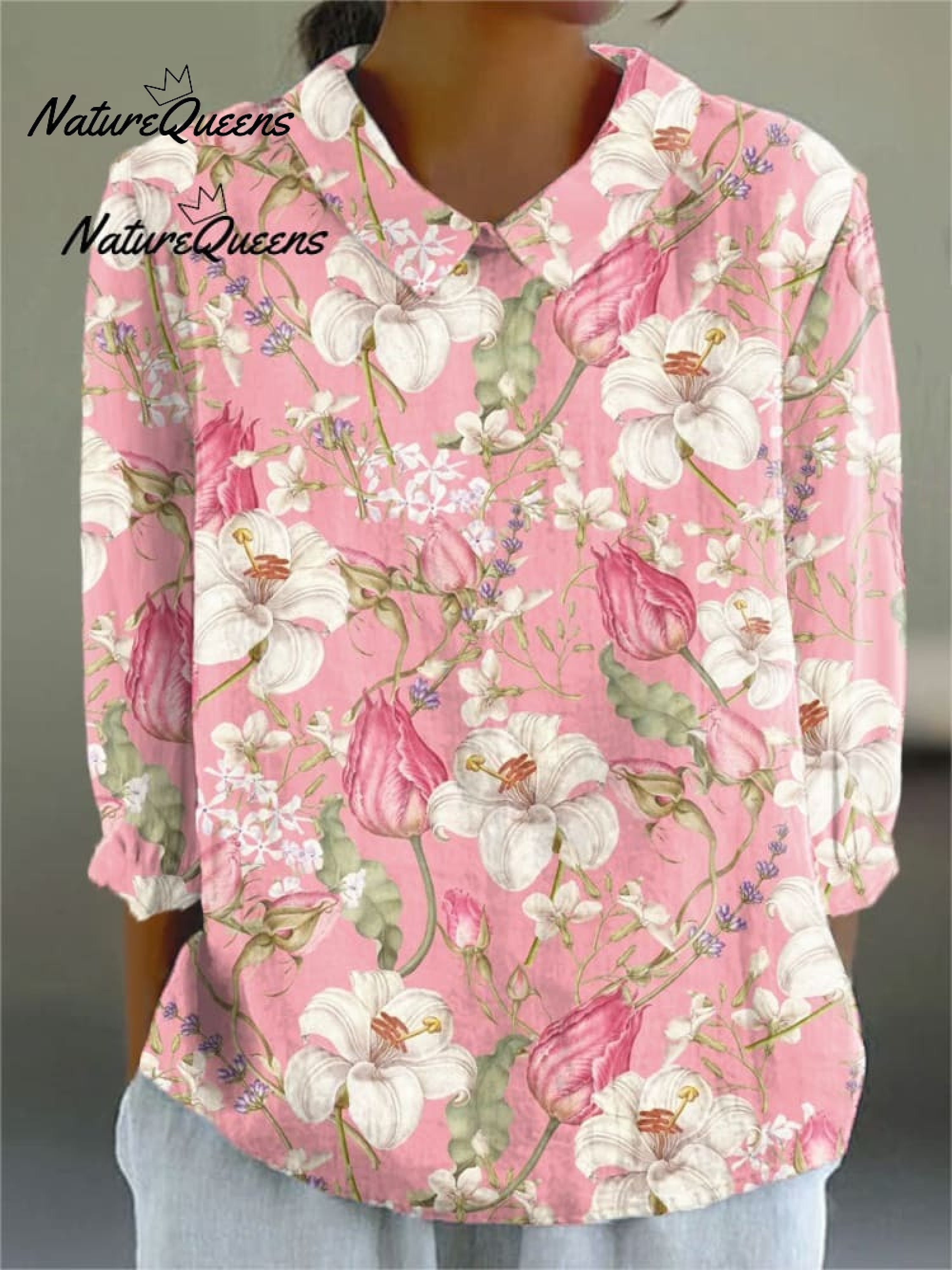 Women's  Vintage Floral Art Print Casual Linen V-neck Shirt