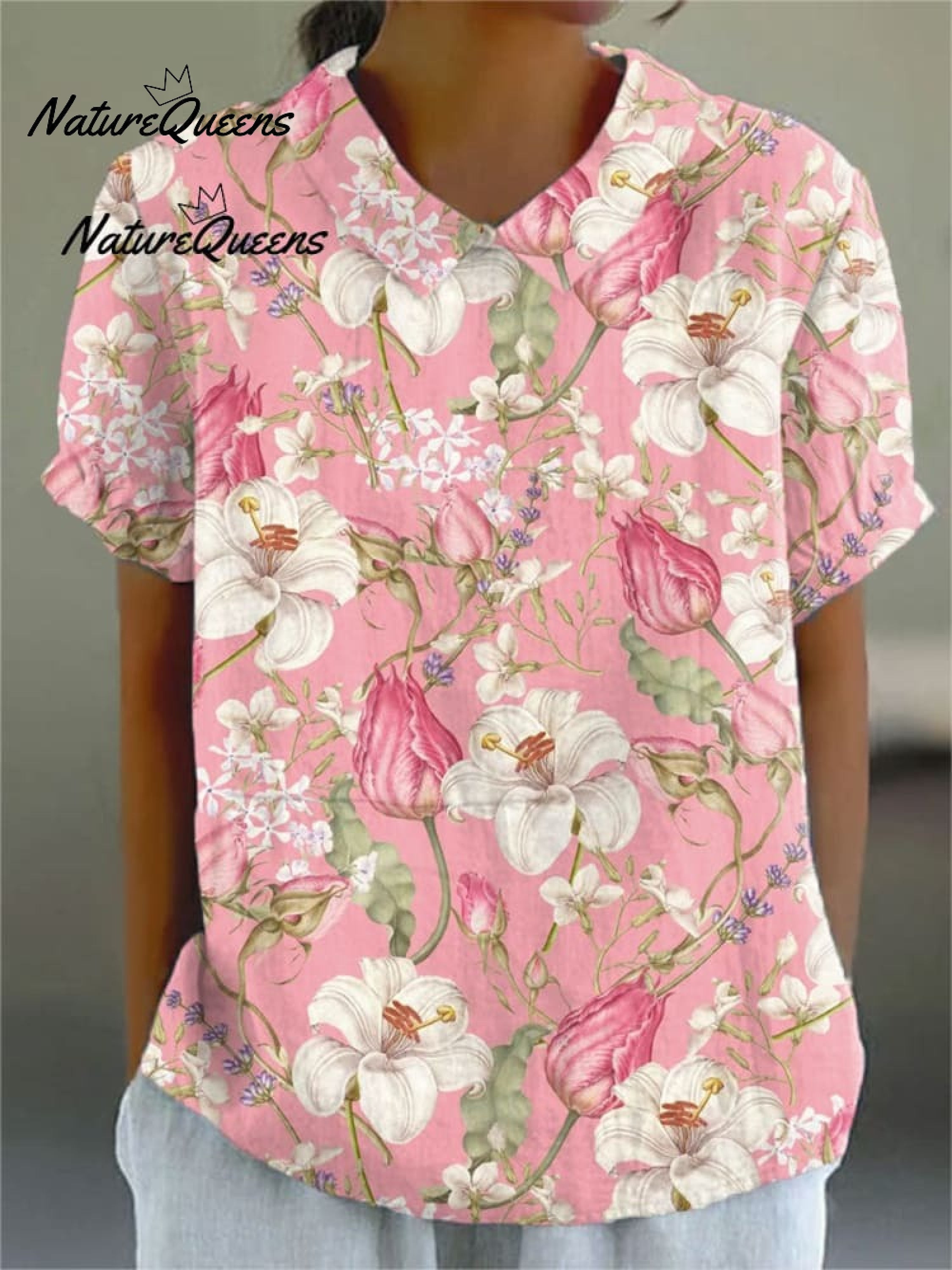 Women's  Vintage Floral Art Print Casual Linen V-neck Shirt