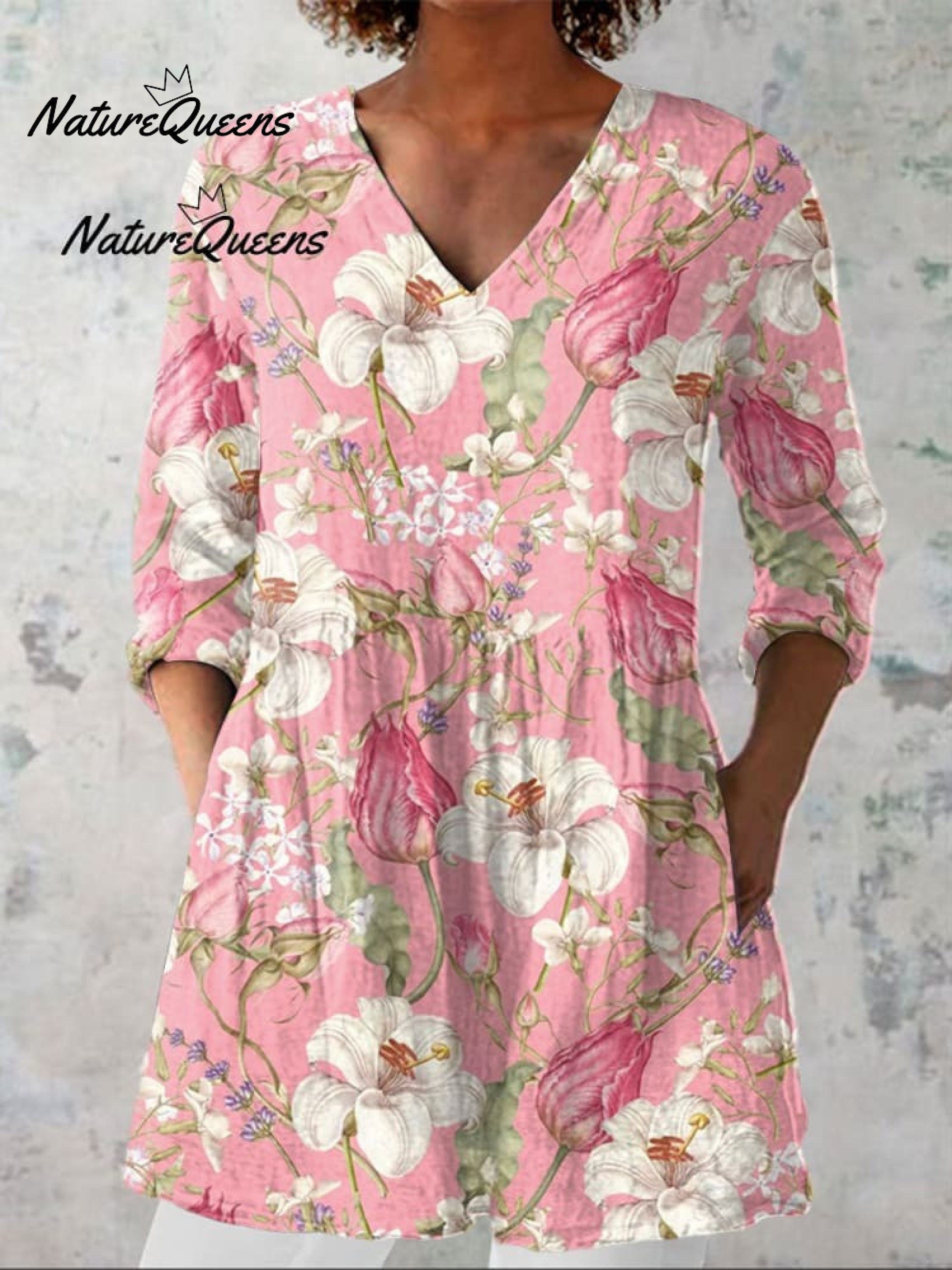 Women's  Vintage Floral Art Print Casual Linen V-neck Shirt