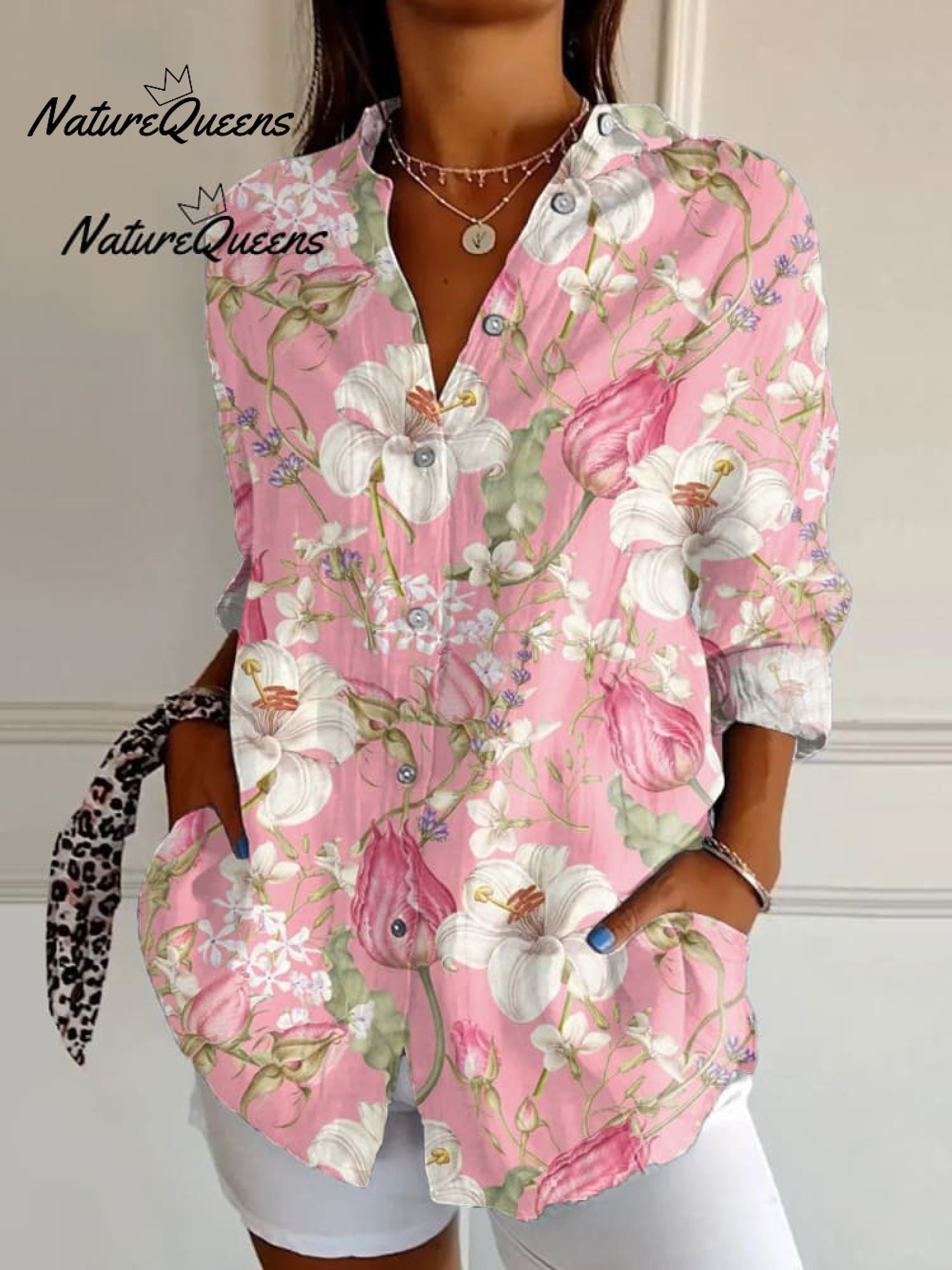 Women's  Vintage Floral Art Print Casual Linen V-neck Shirt