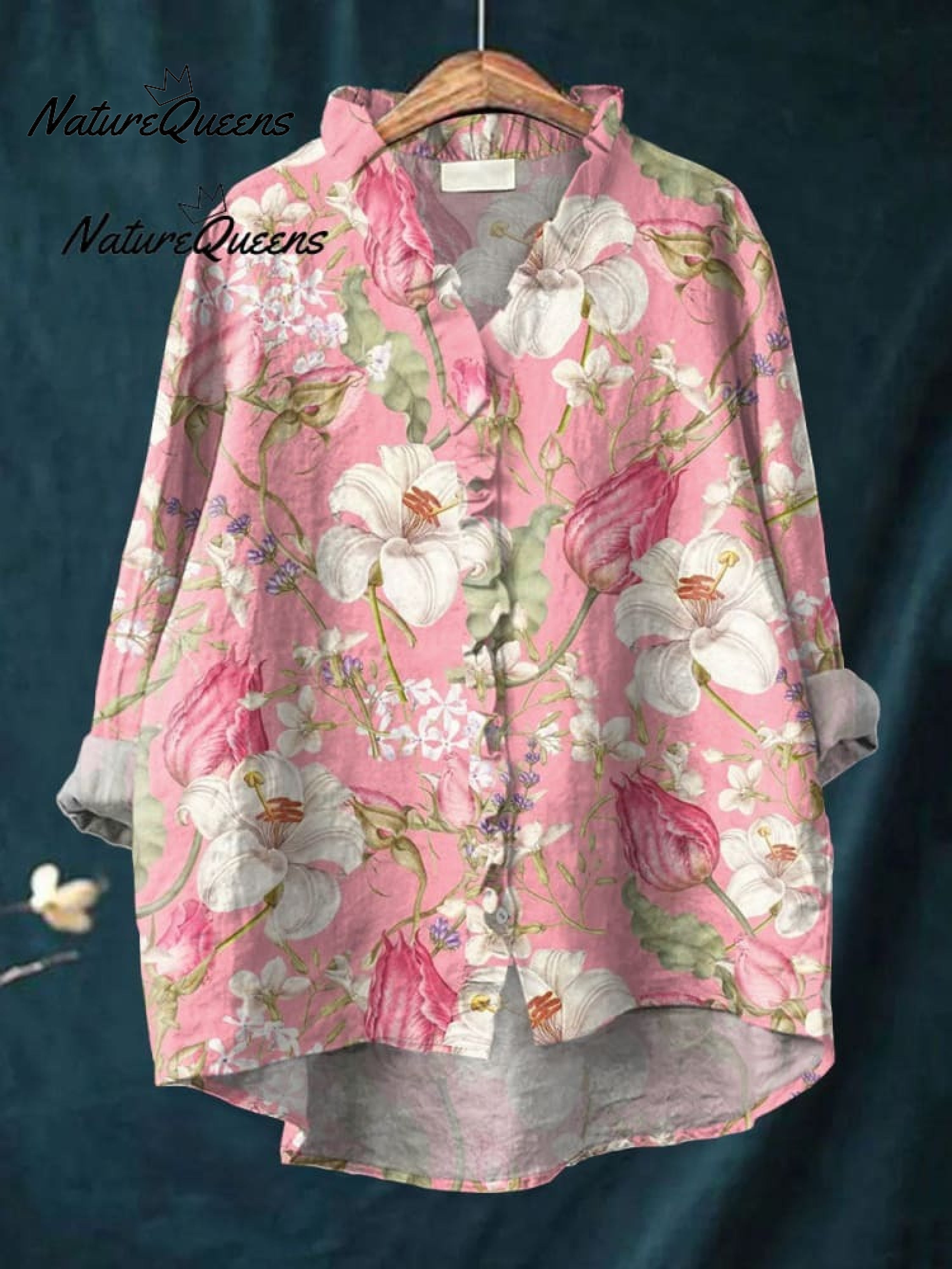 Women's  Vintage Floral Art Print Casual Linen V-neck Shirt