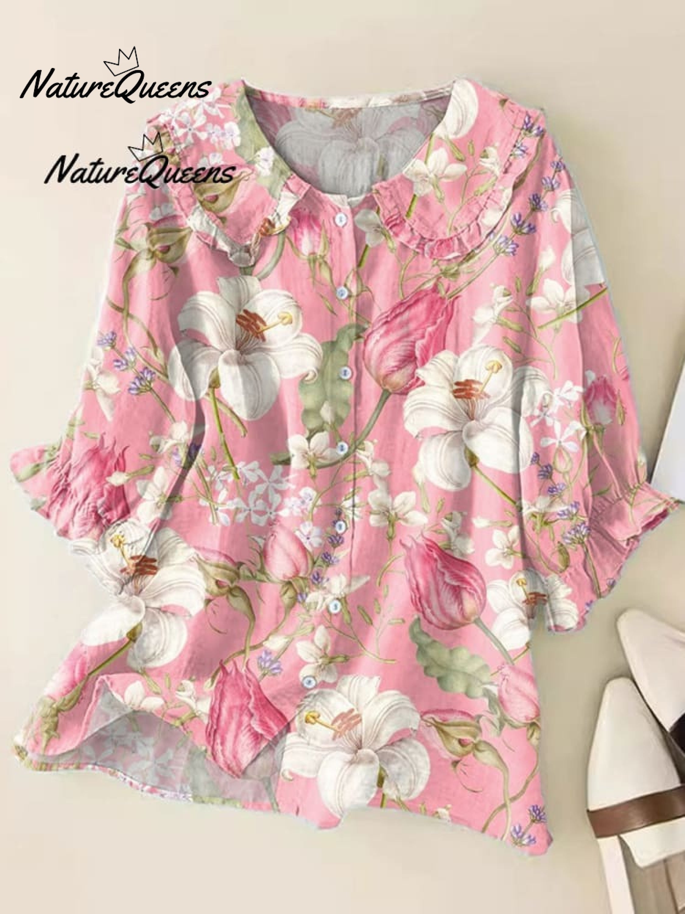 Women's  Vintage Floral Art Print Casual Linen V-neck Shirt