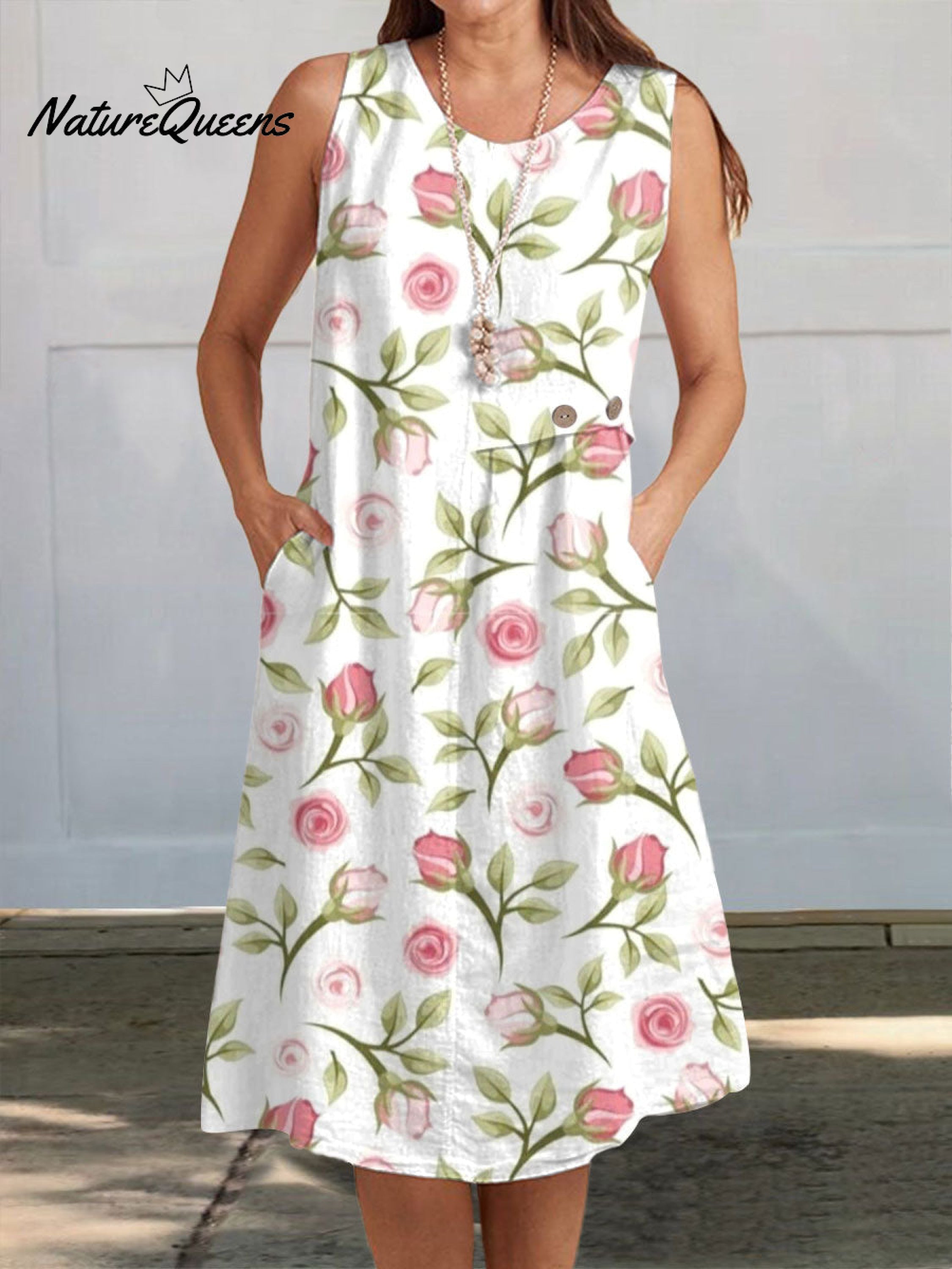 Women's Vintage Flowers Art Print Sleeveless Cotton Pocket Wrap Dress