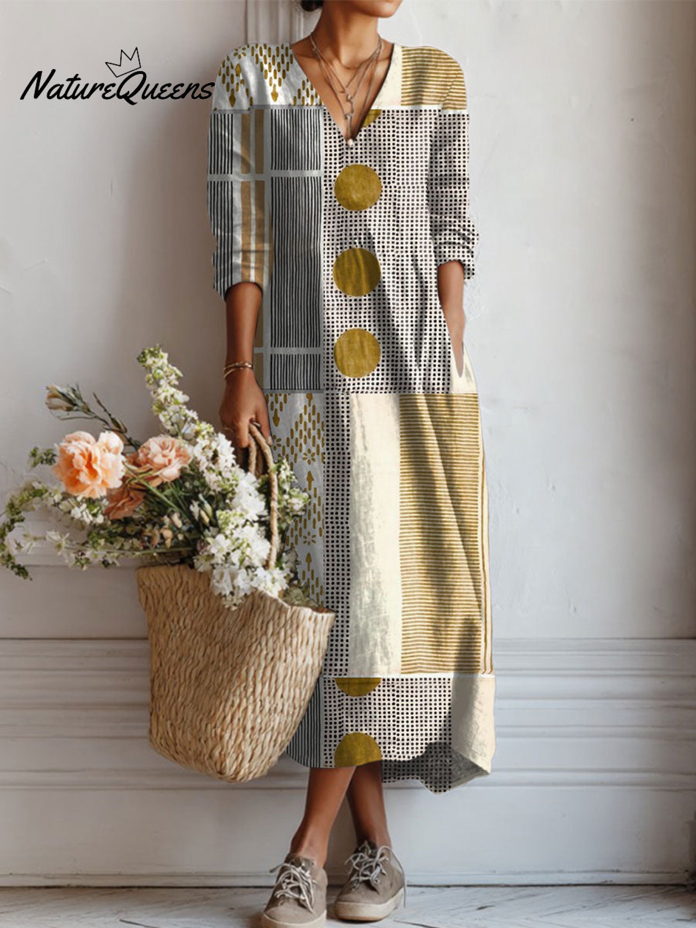 Women's Vintage Abstract Geometry  Art Print Linen Pocket Tunic Dress