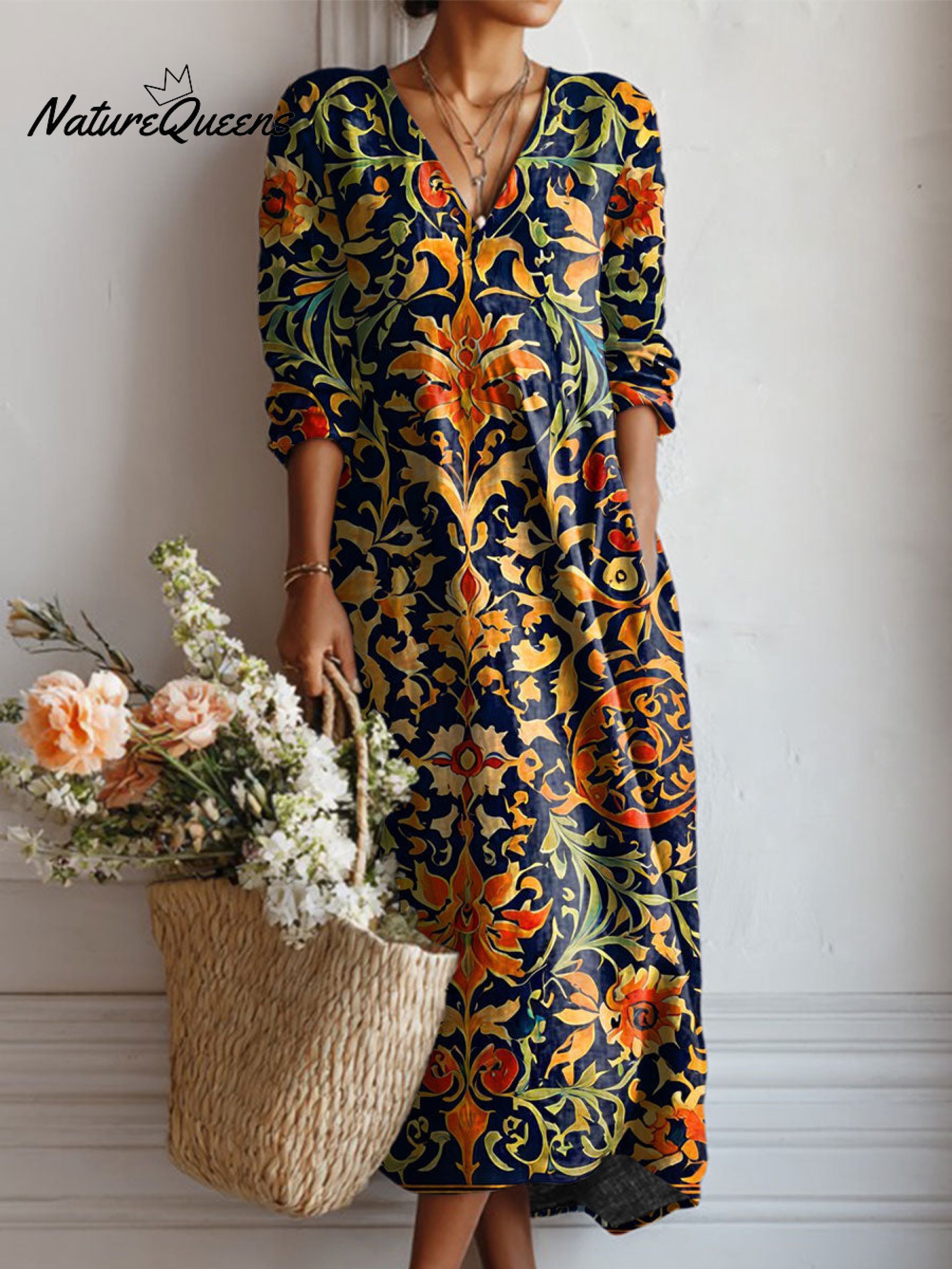 Women's Vintage Flower Art Print Linen Pocket Tunic Dress