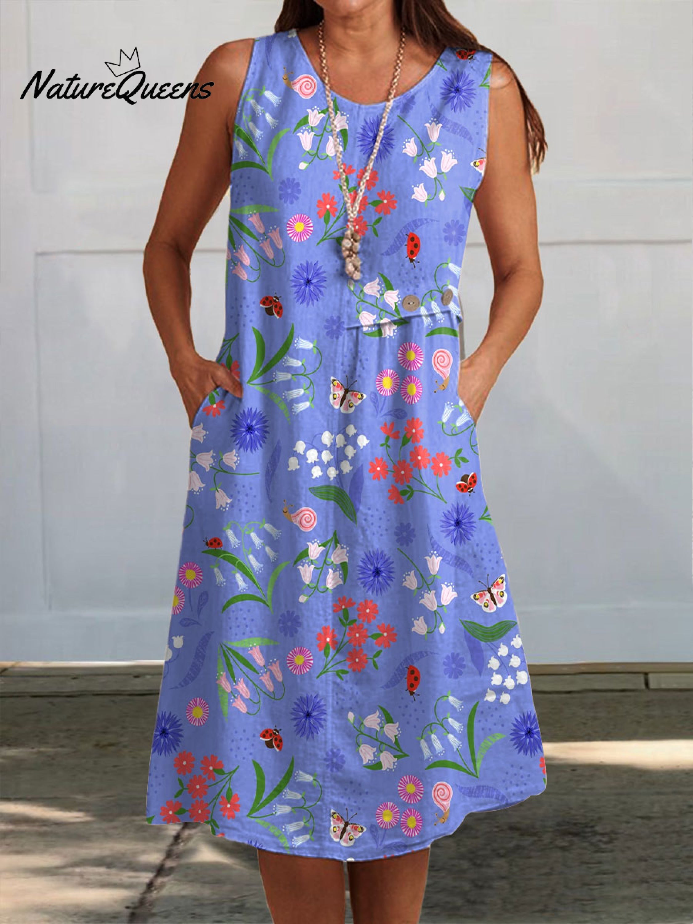 Women's Colorful Flower Art Print V-Neck Sleeveless Cotton Pocket Wrap Dress