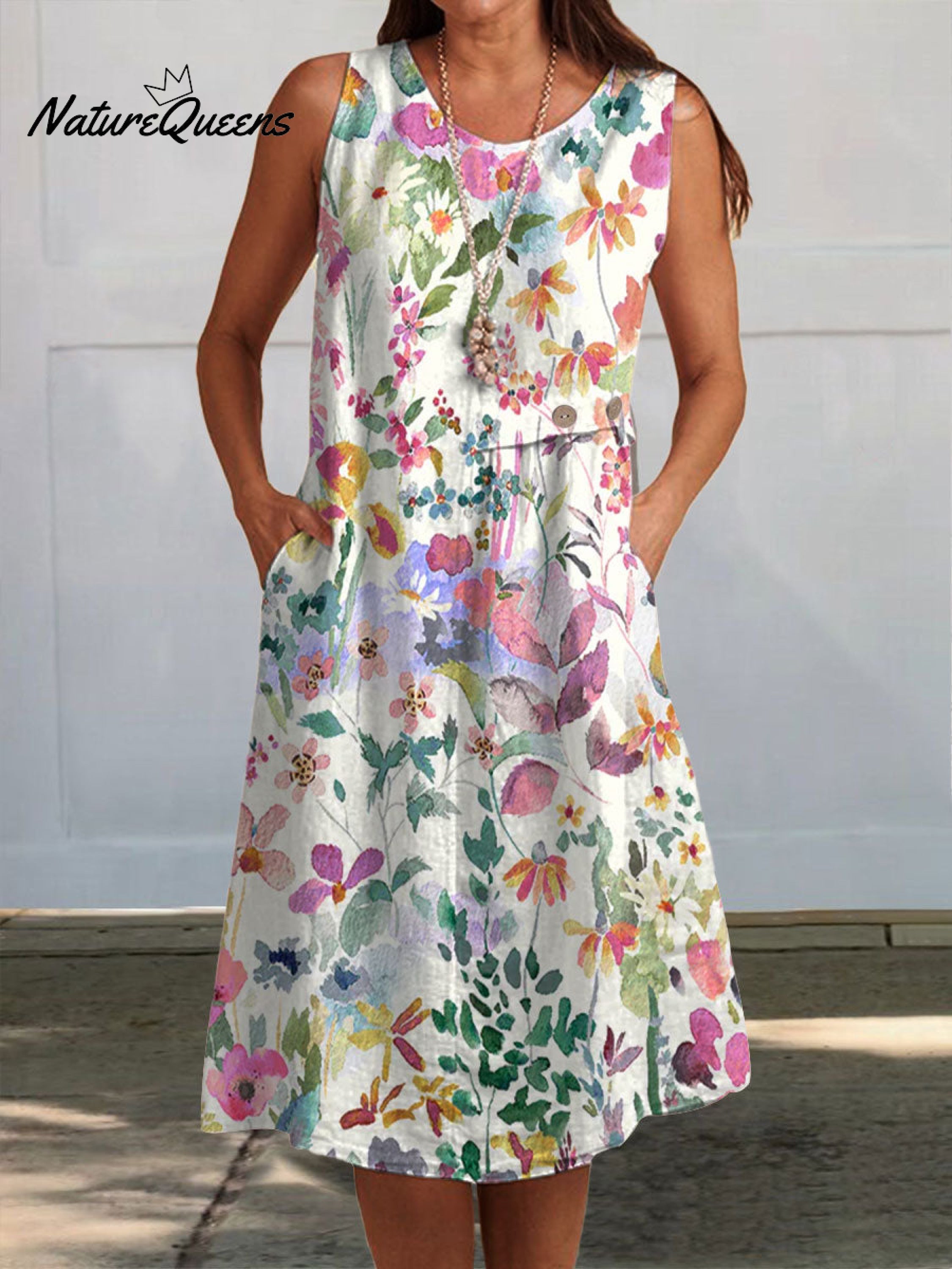 Women's Colorful Flower Art Print Sleeveless Cotton Pocket Wrap Dress