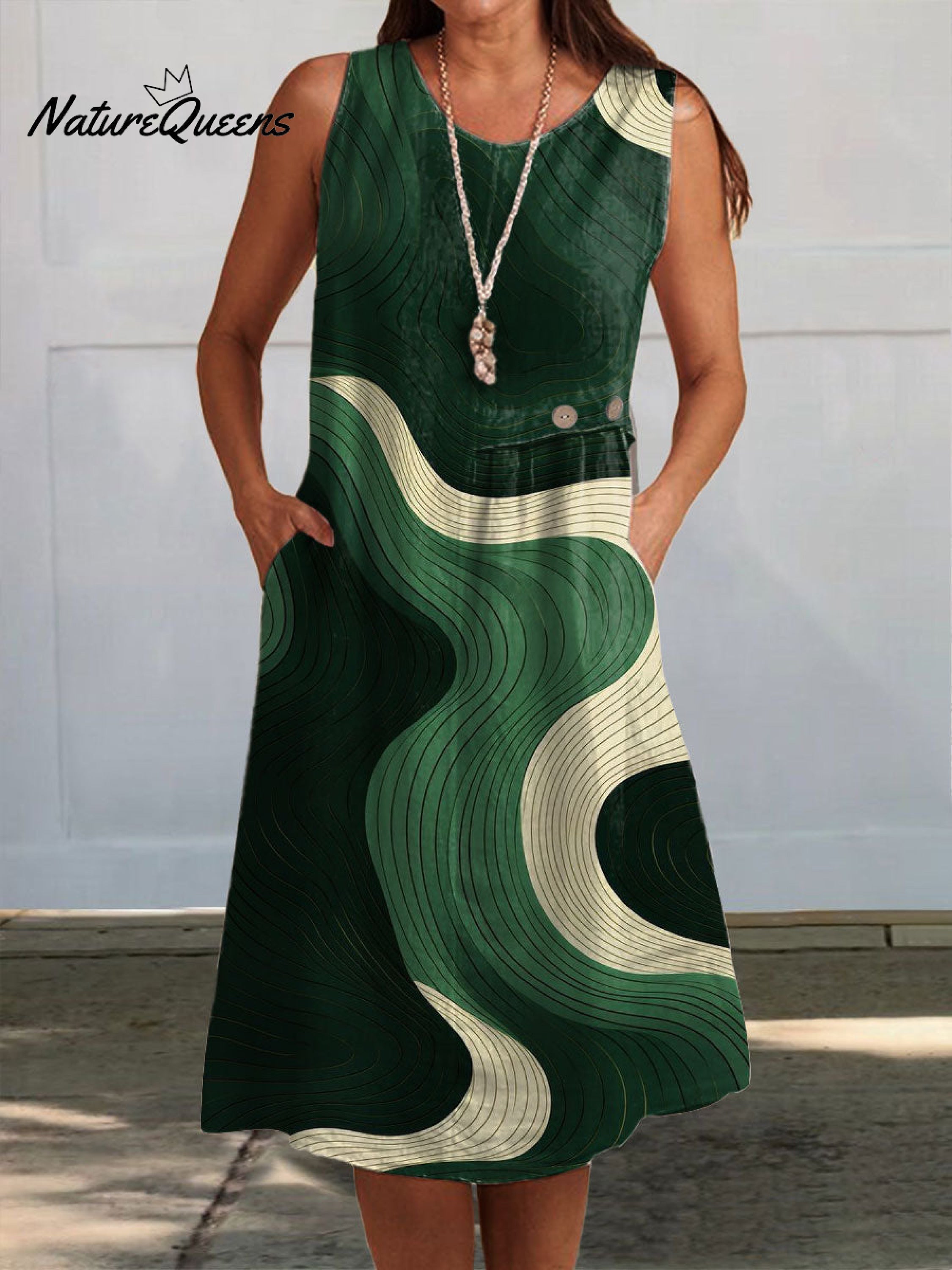 Women's Vintage Color Block Line Art Print Sleeveless Cotton Pocket Wrap Dress