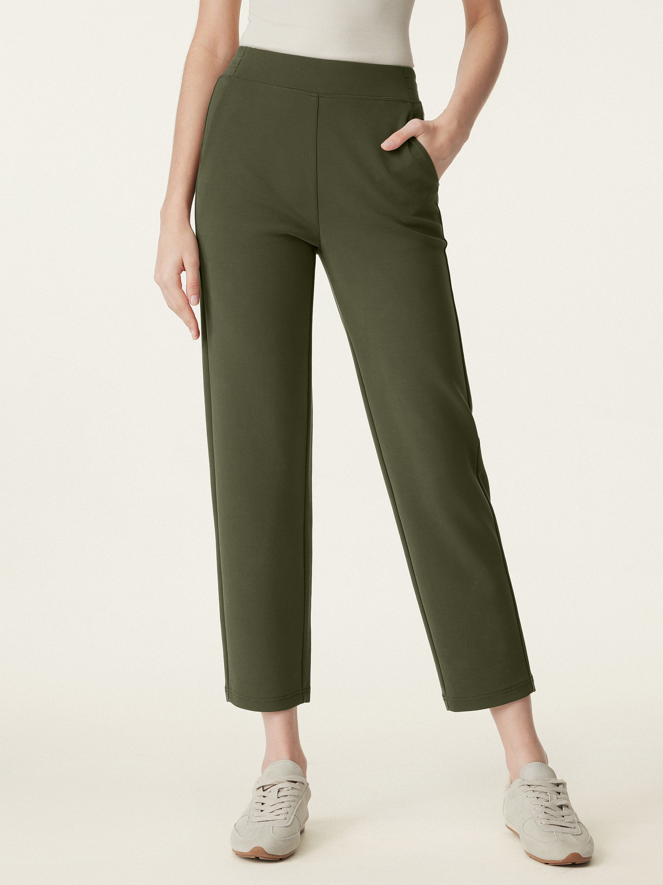 Mid Rise Pull-on Tapered Pants with Pockets