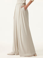 Sandwashed Mid Rise Pleated Wide Leg Palazzo Pants with Pockets