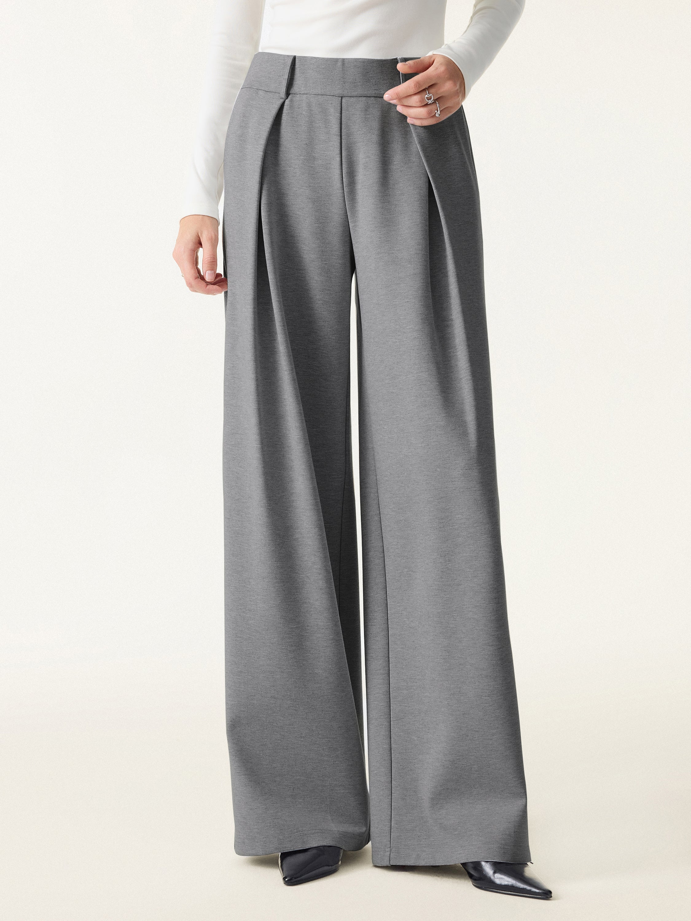 Wrinkle-Resistant Stretchy High Rise Wide Leg Pants with Pockets