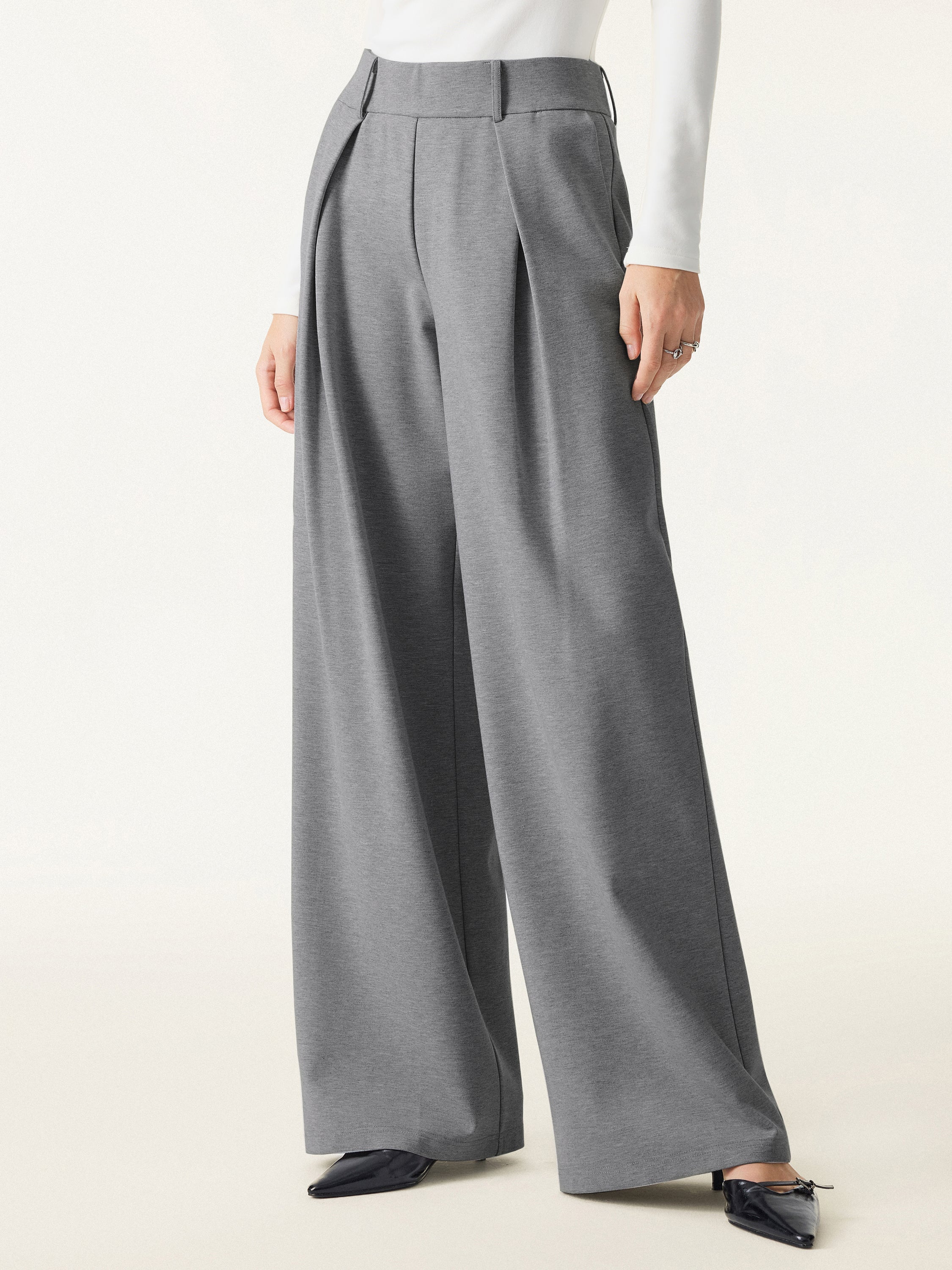 Wrinkle-Resistant Stretchy High Rise Wide Leg Pants with Pockets