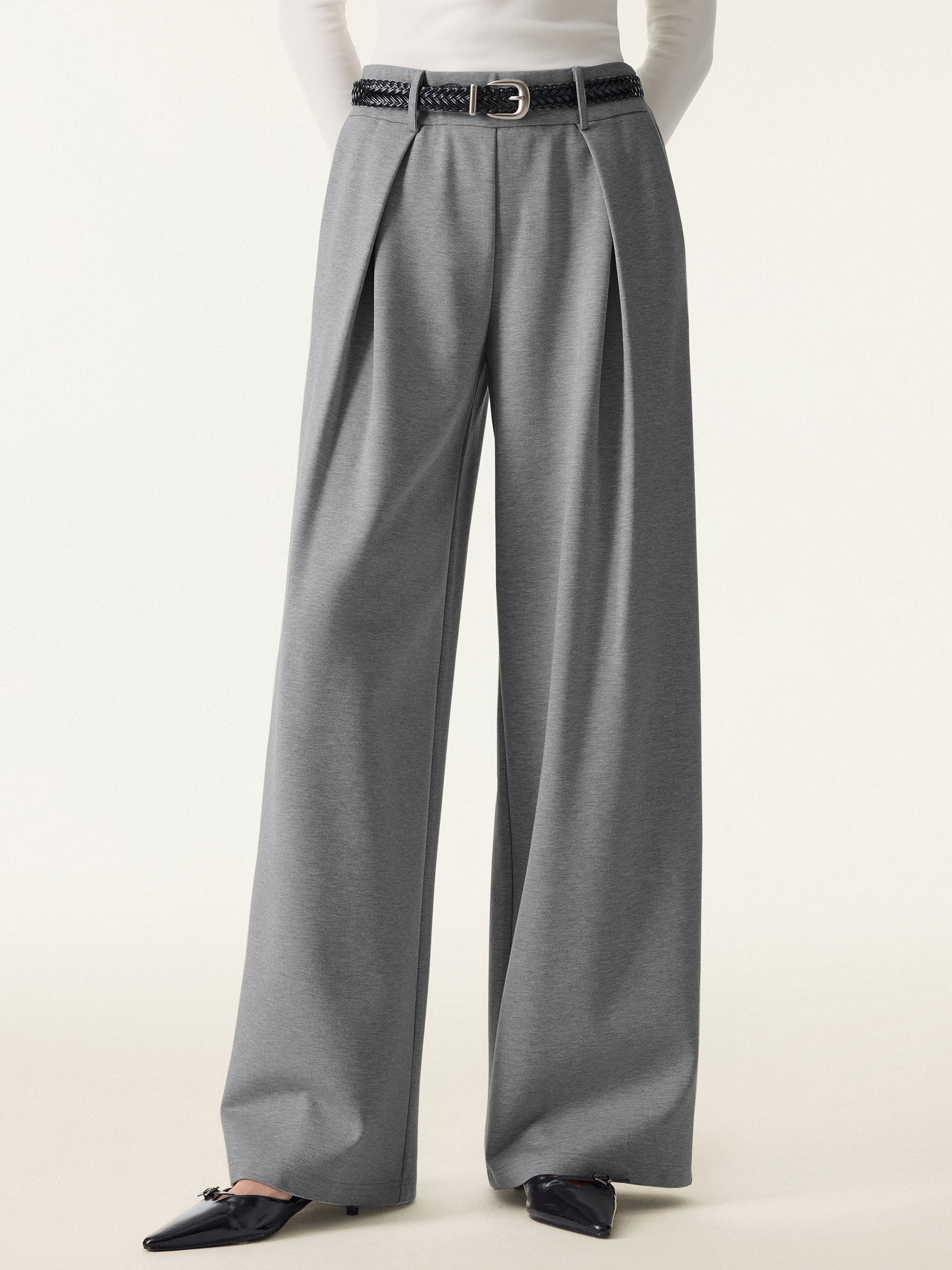 Wrinkle-Resistant Stretchy High Rise Wide Leg Pants with Pockets