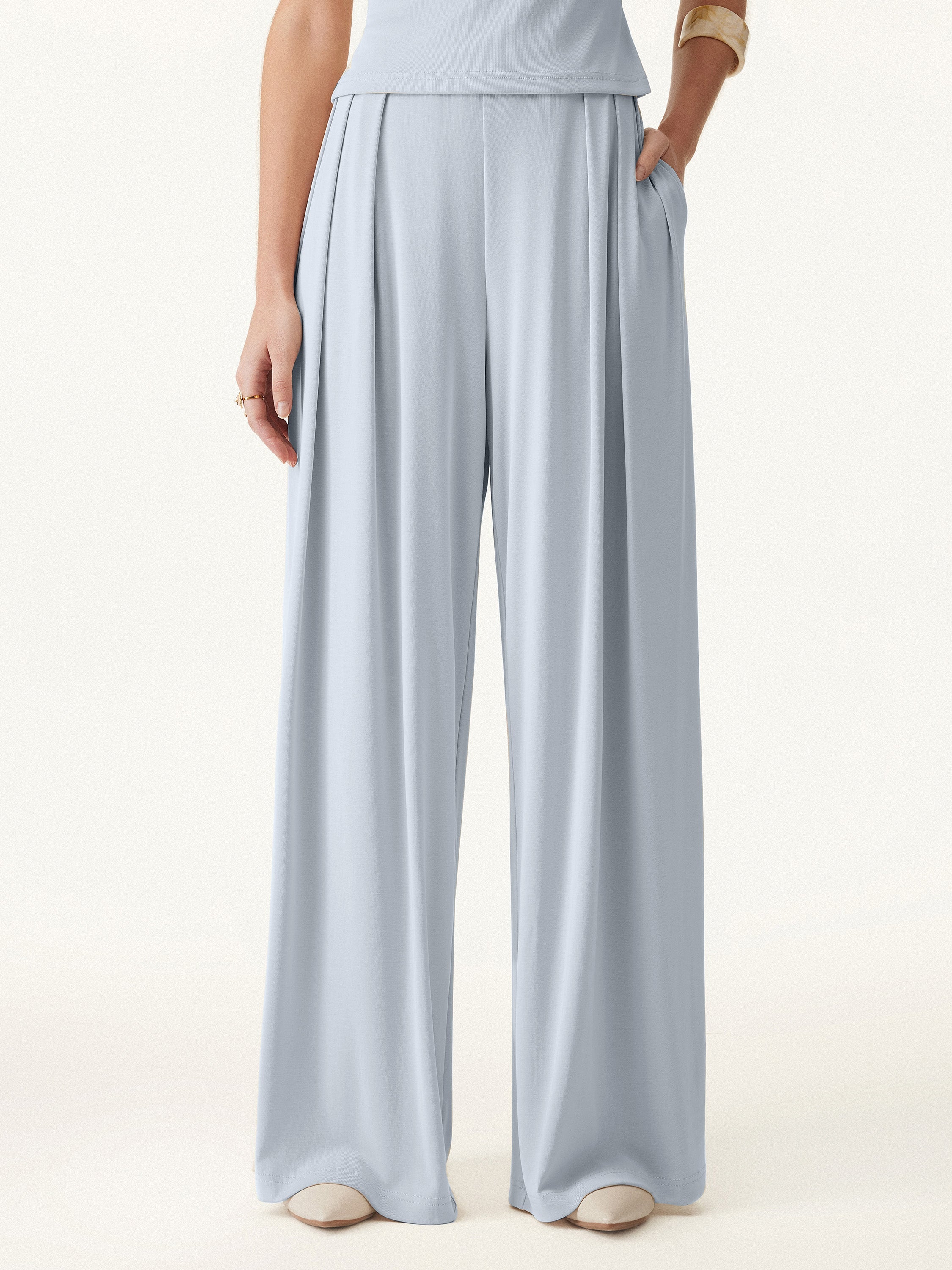 Sandwashed Mid Rise Pleated Wide Leg Palazzo Pants with Pockets