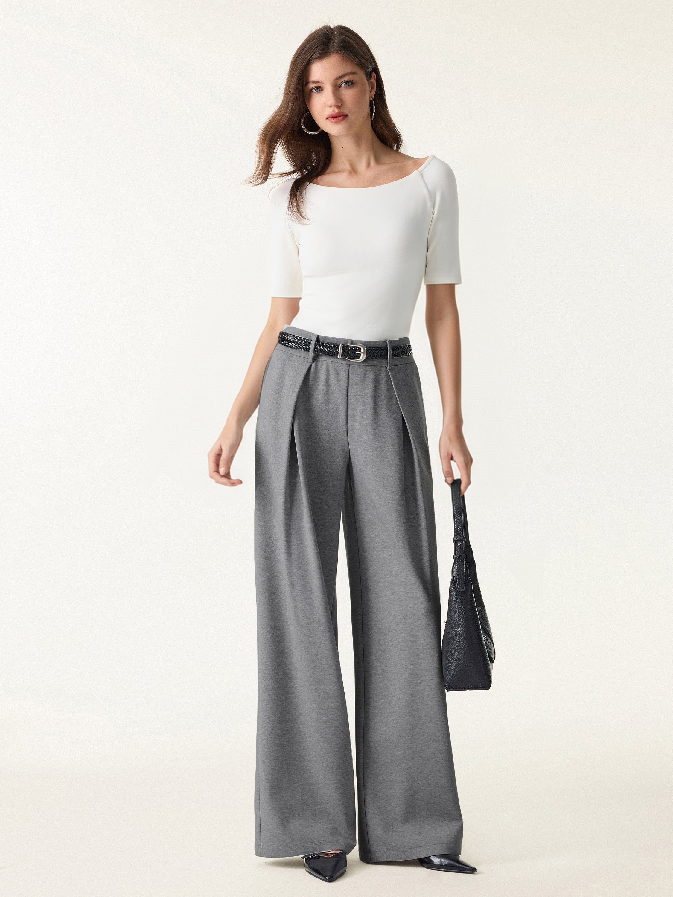 Wrinkle-Resistant Stretchy High Rise Wide Leg Pants with Pockets