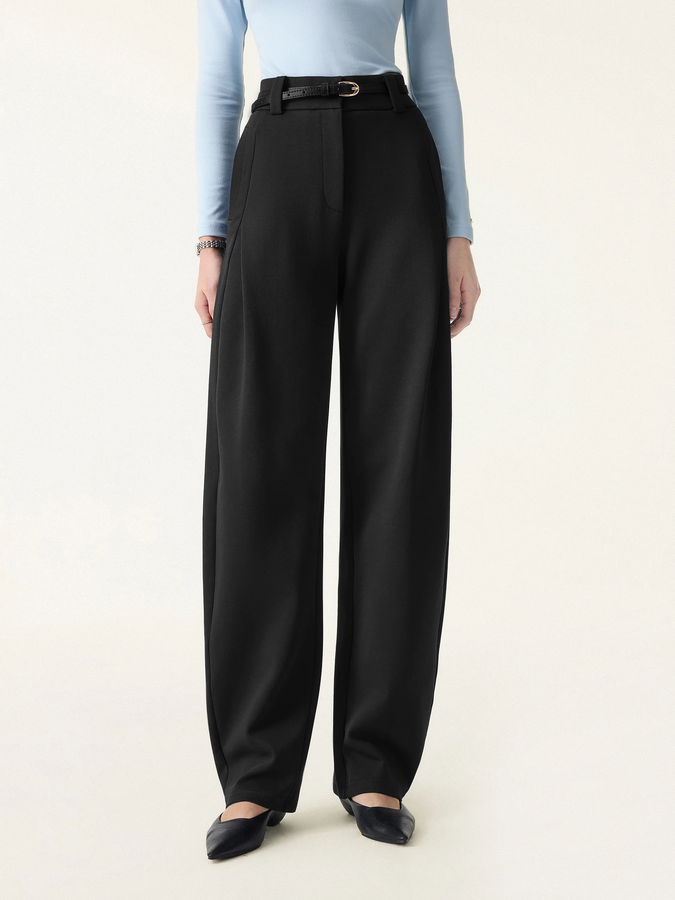Spring Stretch Cotton High Rise Barrel Leg Pants with Pockets