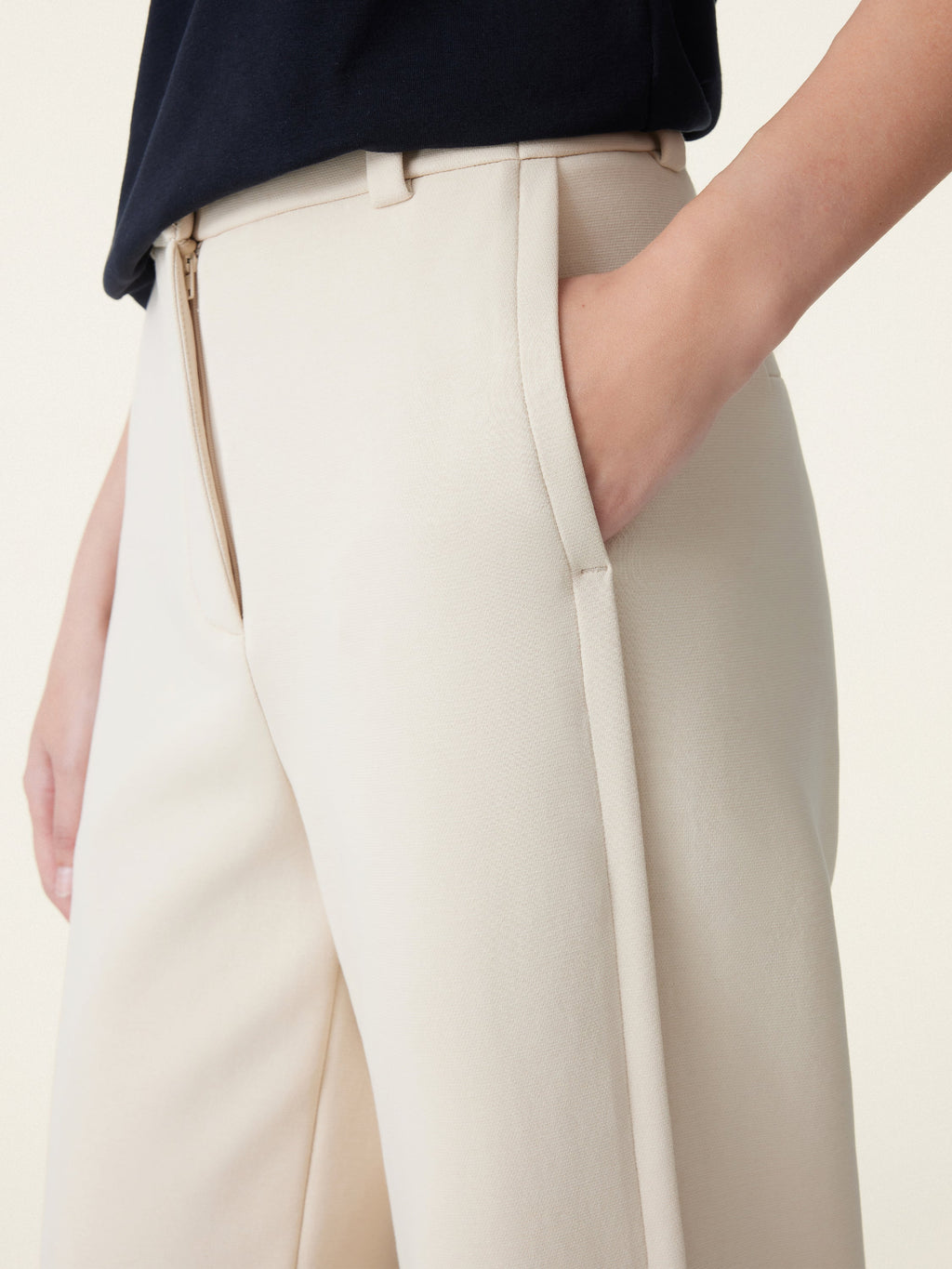 Stretchy Mid Rise Fly-Front Wide Leg Trousers