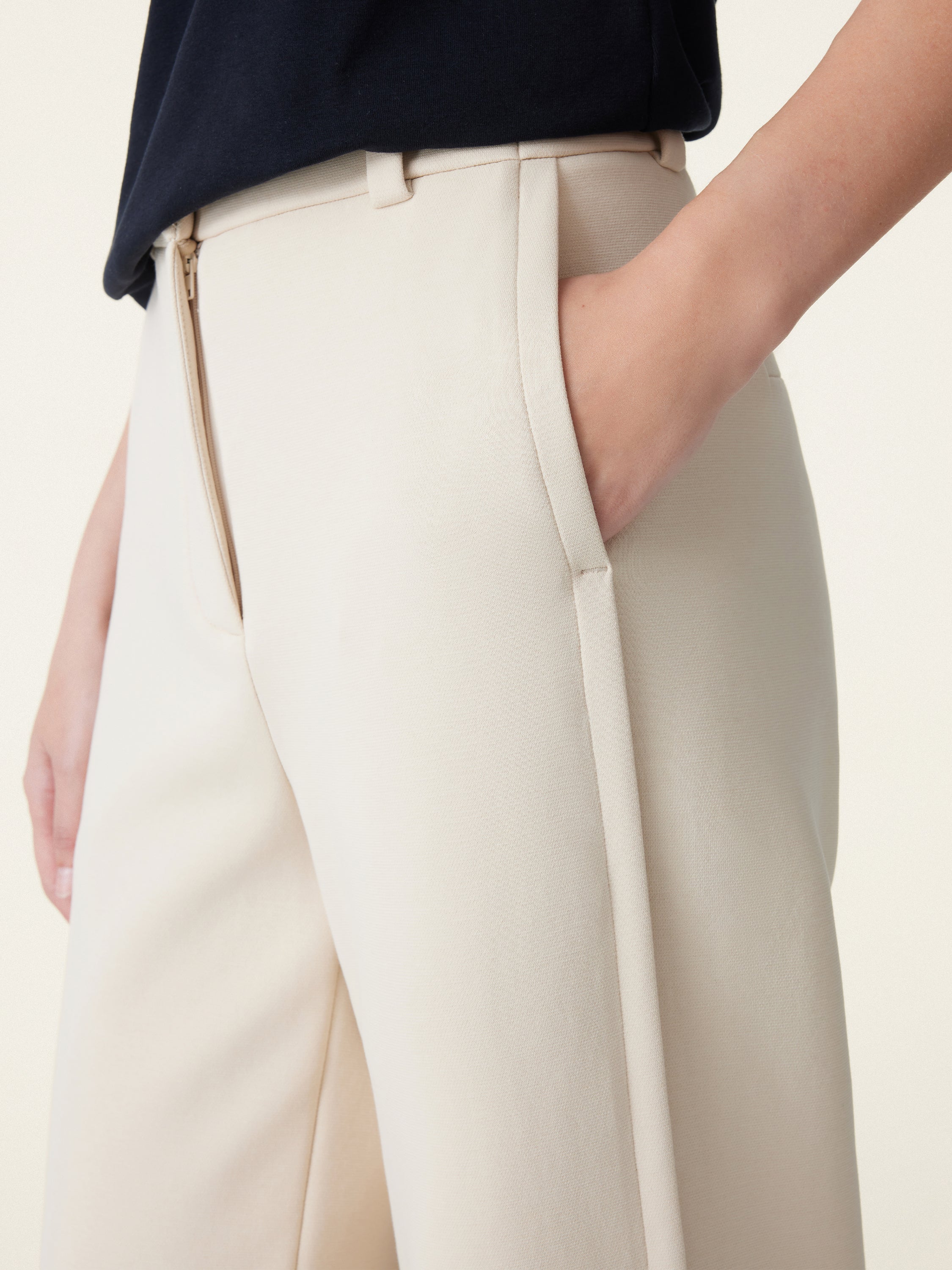 Stretchy Mid Rise Fly-Front Wide Leg Trousers