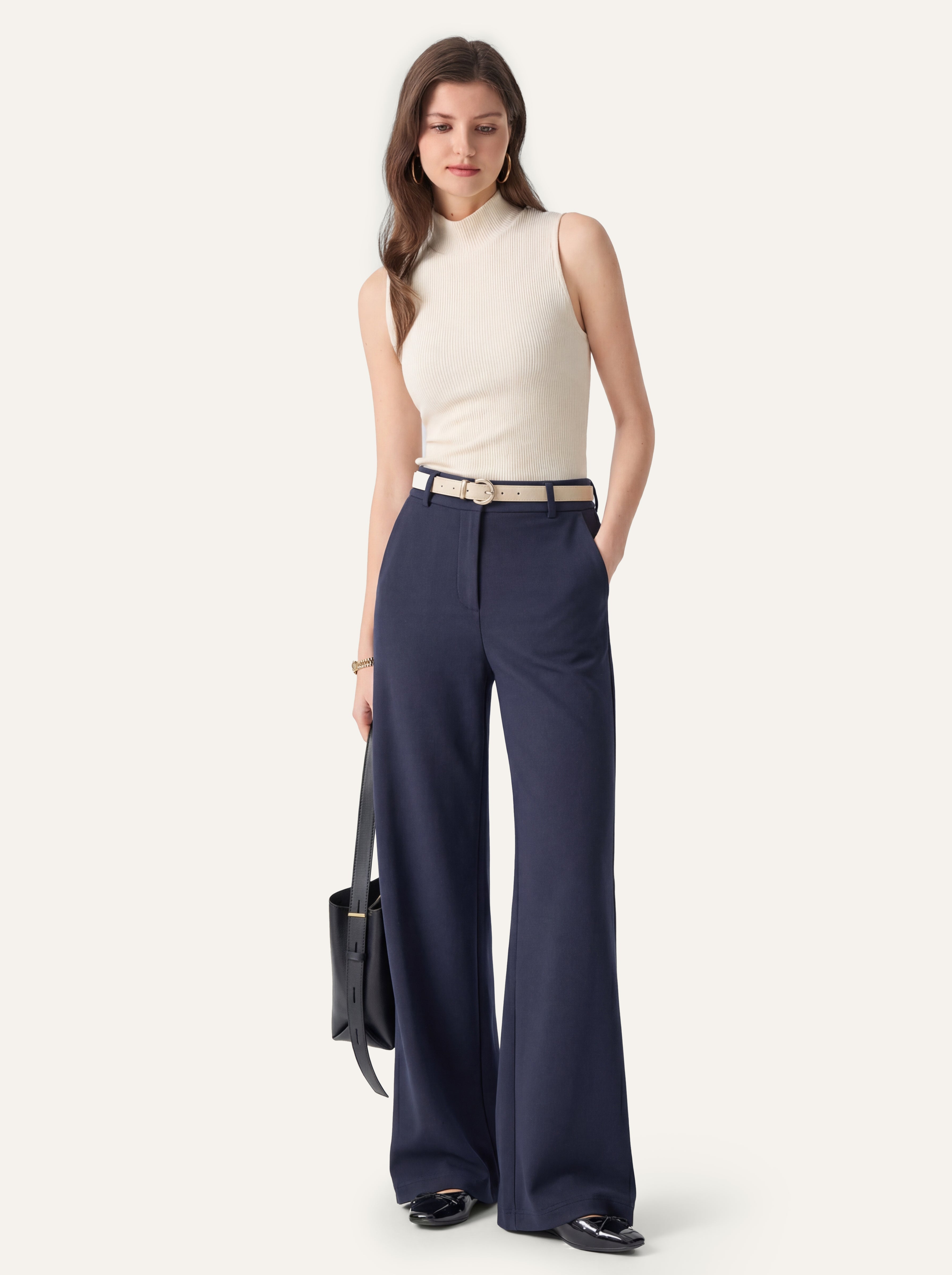 Stretchy Mid Rise Fly-Front Wide Leg Trousers