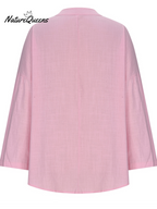 Women's Cotton Long Sleeve Round Neck Solid Color Loose Beach Shirt