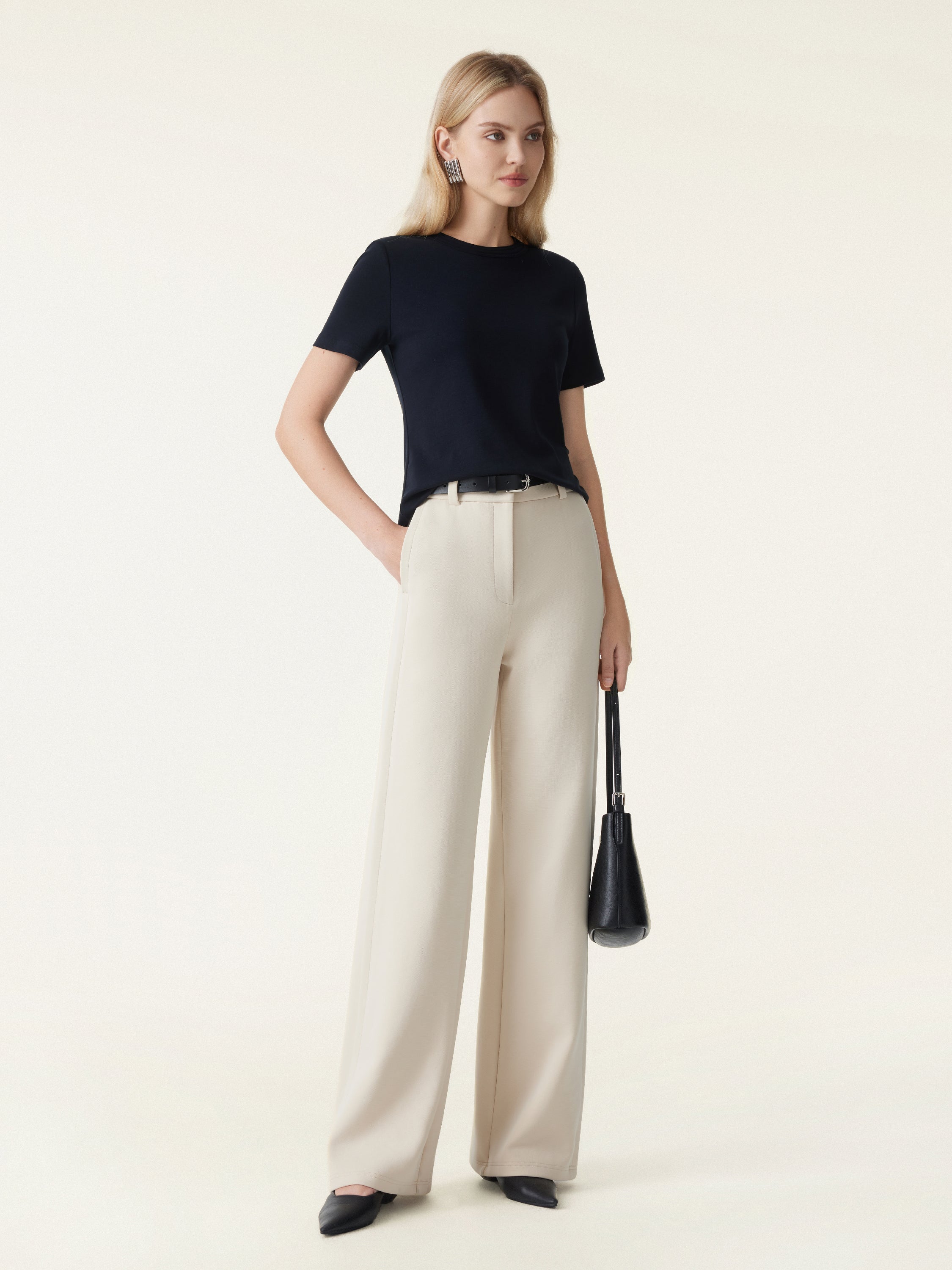 Stretchy Mid Rise Fly-Front Wide Leg Trousers