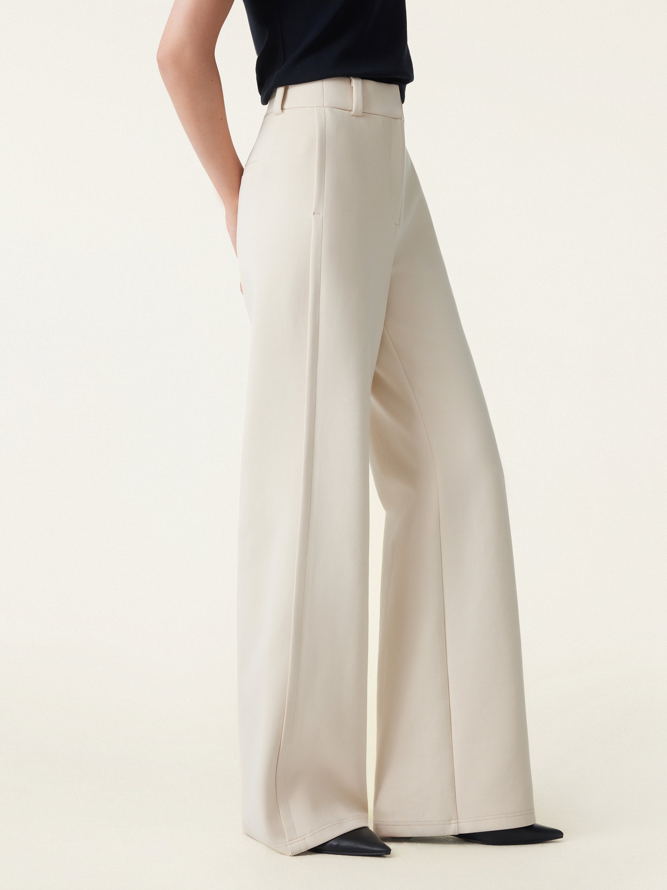 Stretchy Mid Rise Fly-Front Wide Leg Trousers