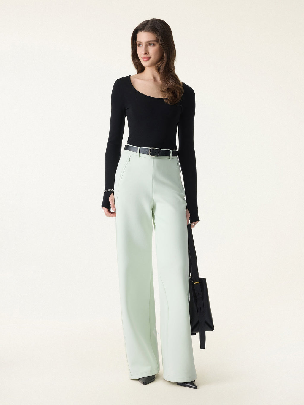 Stretch Cotton Blend Slimming High Rise Wide Leg Pants