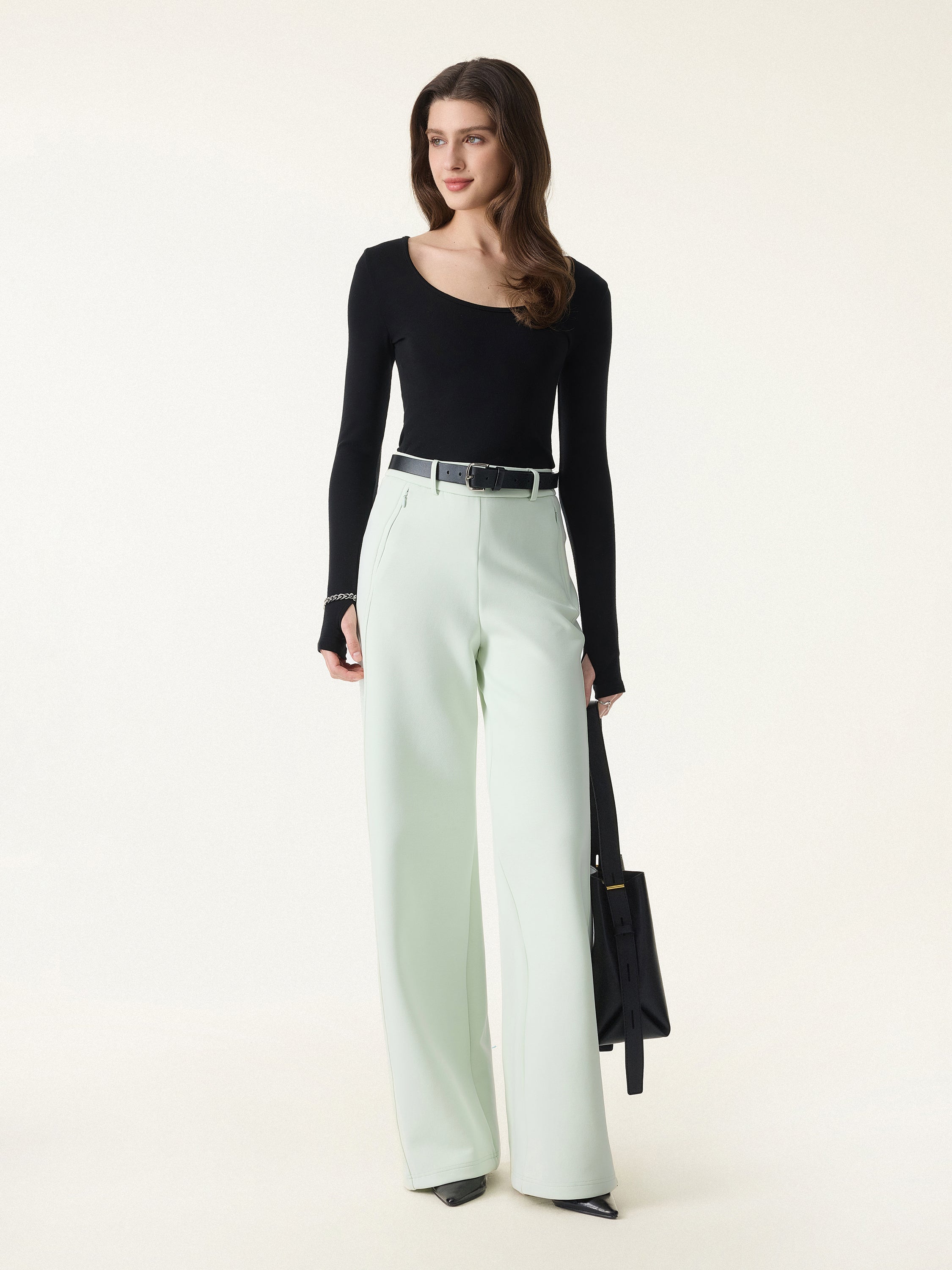 Stretch Cotton Blend Slimming High Rise Wide Leg Pants