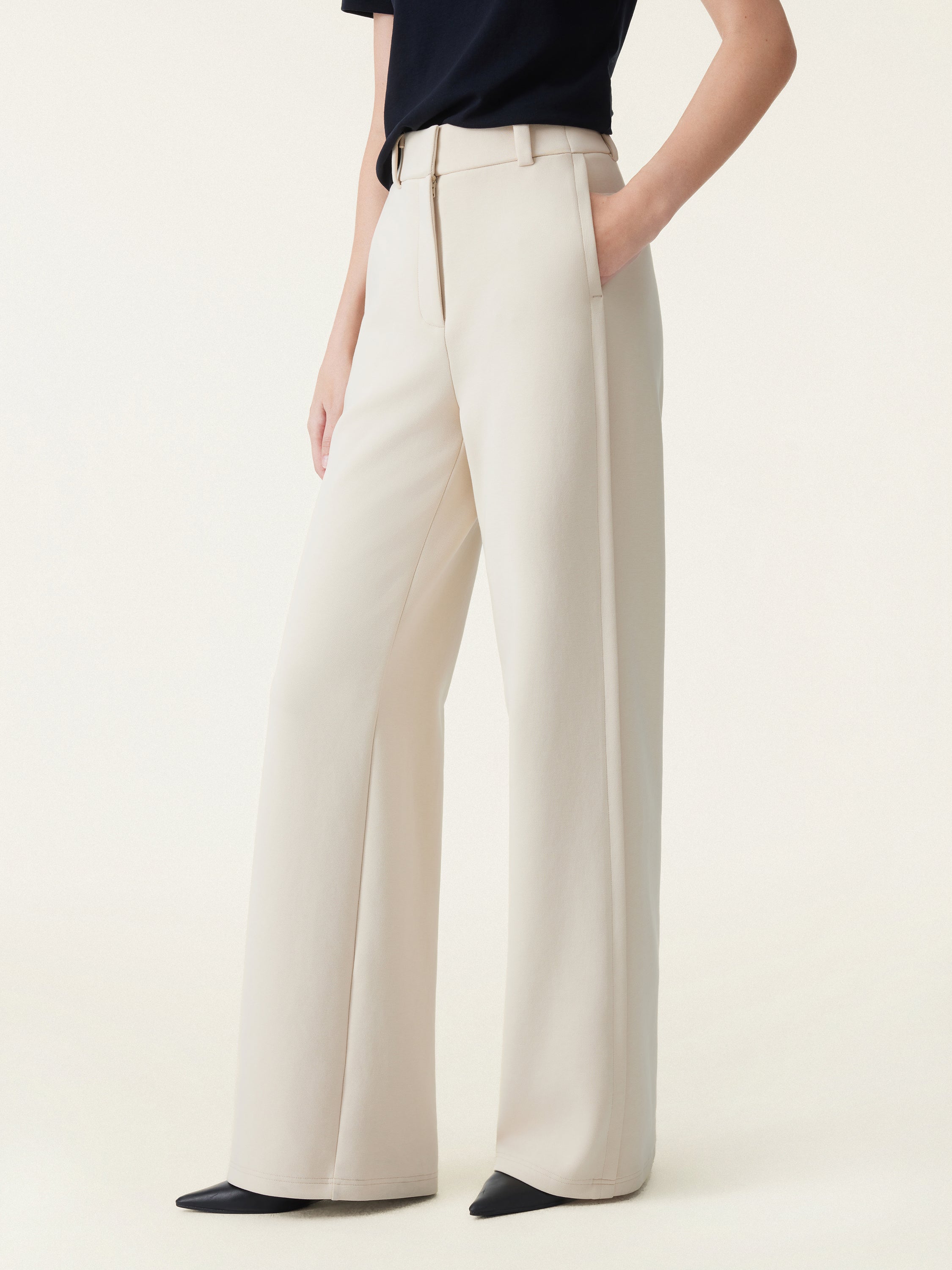 Stretchy Mid Rise Fly-Front Wide Leg Trousers