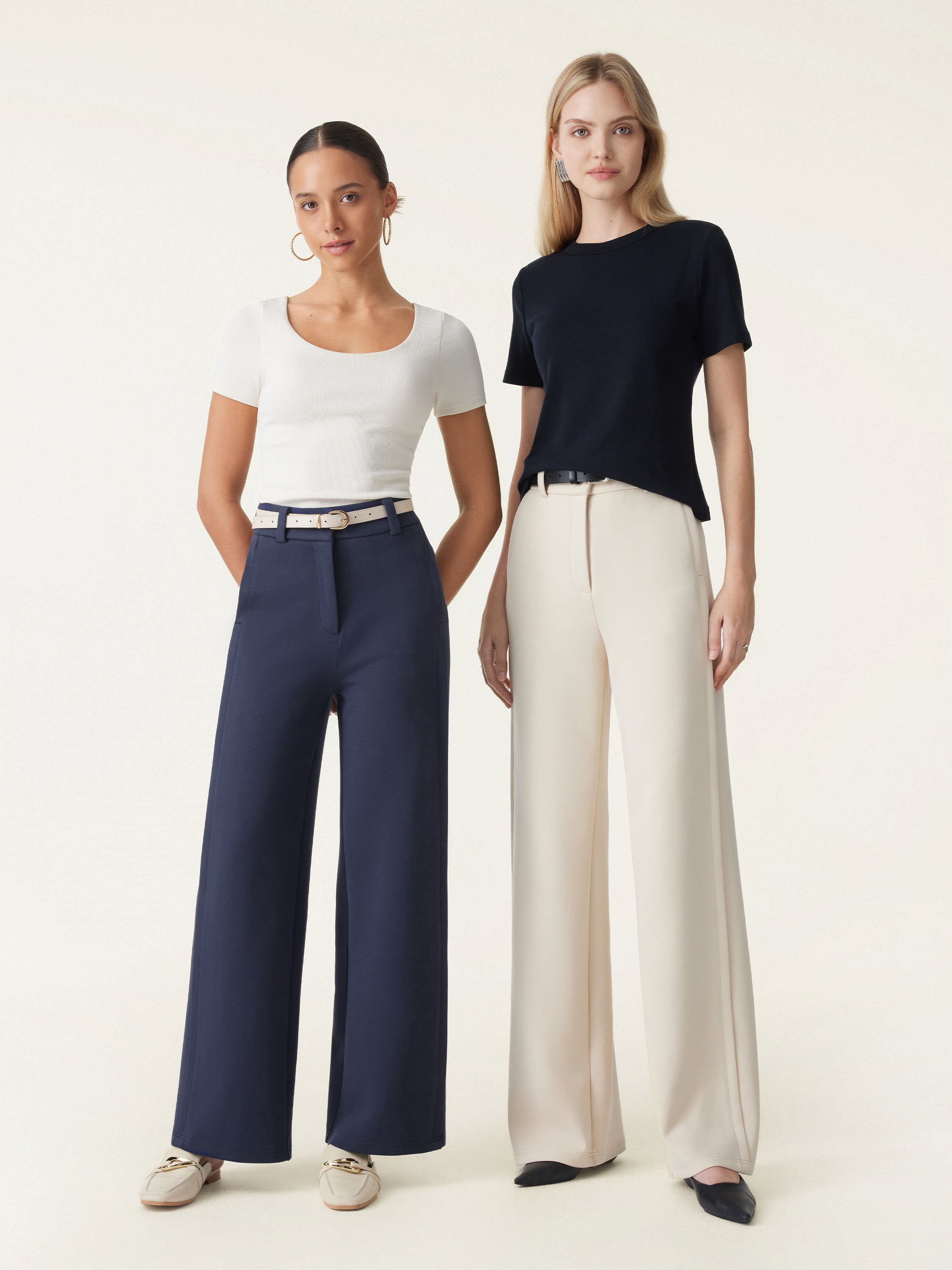 Stretchy Mid Rise Fly-Front Wide Leg Trousers