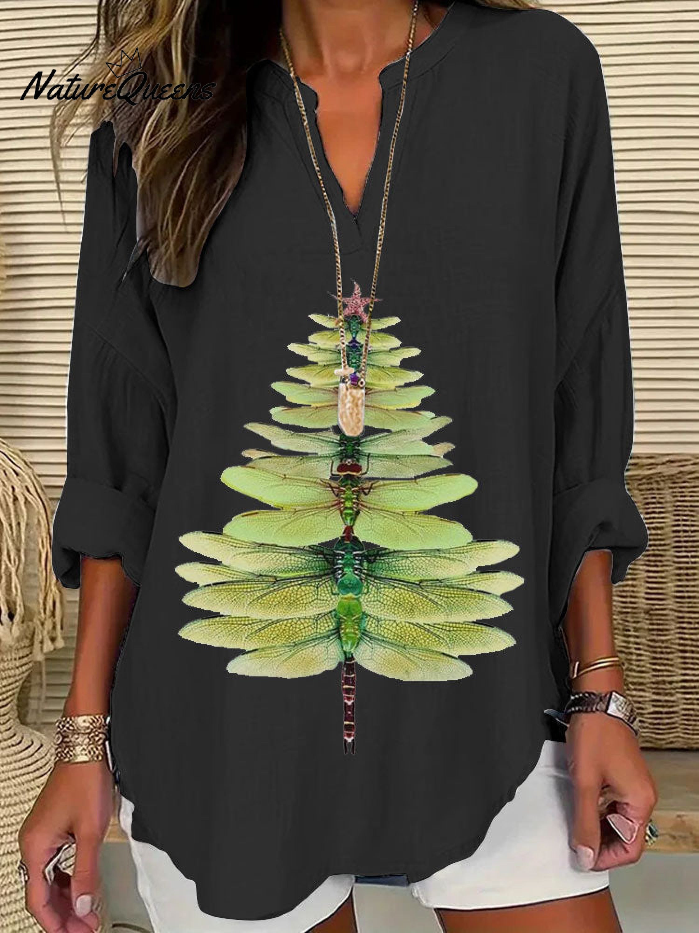 Women's Casual Watercolor Dragonfly Tree Cotton Blend Print T-shirt
