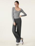 Textured Mid Rise Pull-on Straight Pant with Pockets