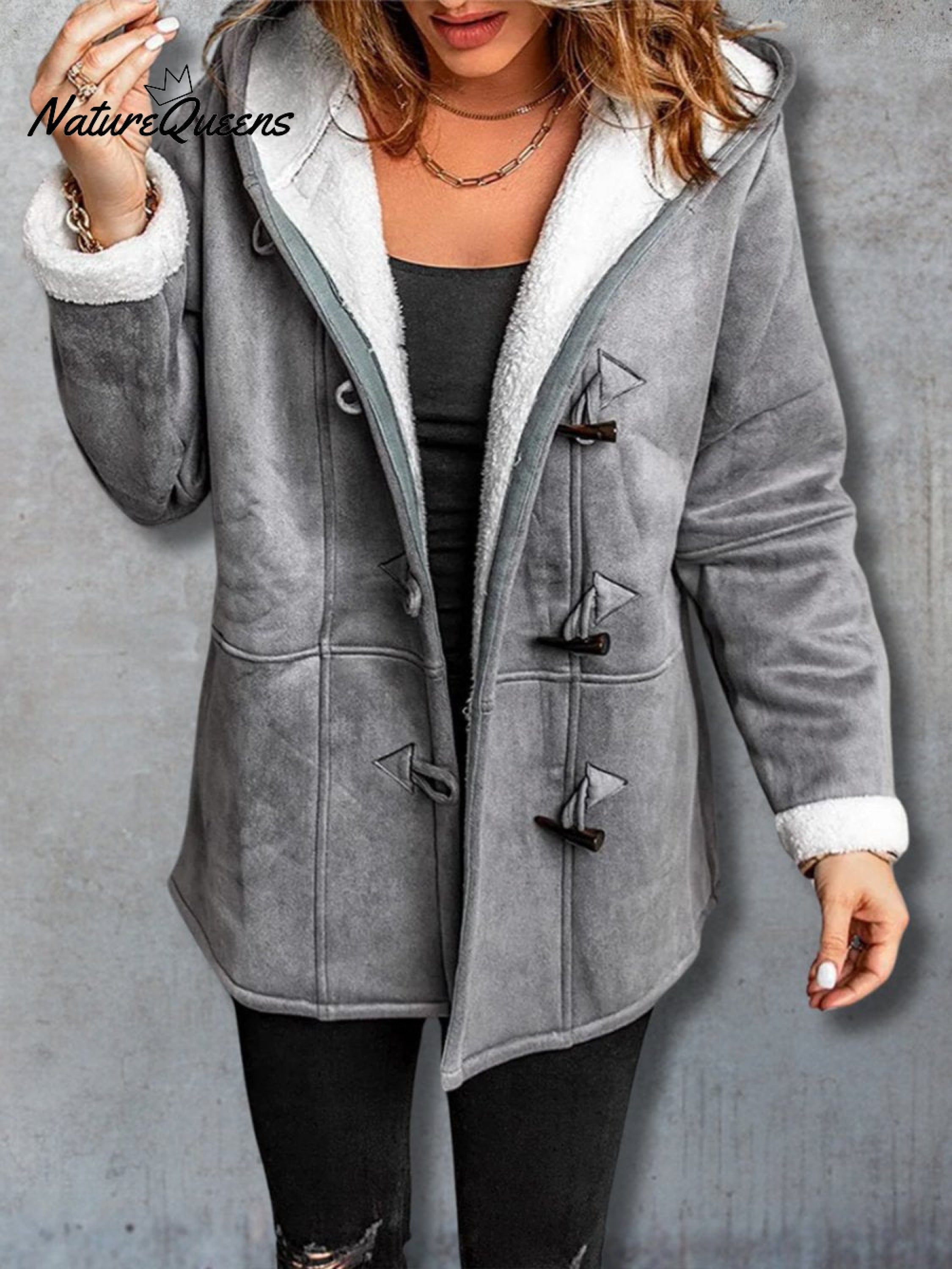 Long Sleeve Horn Button Women's Fleece Warm Jacket