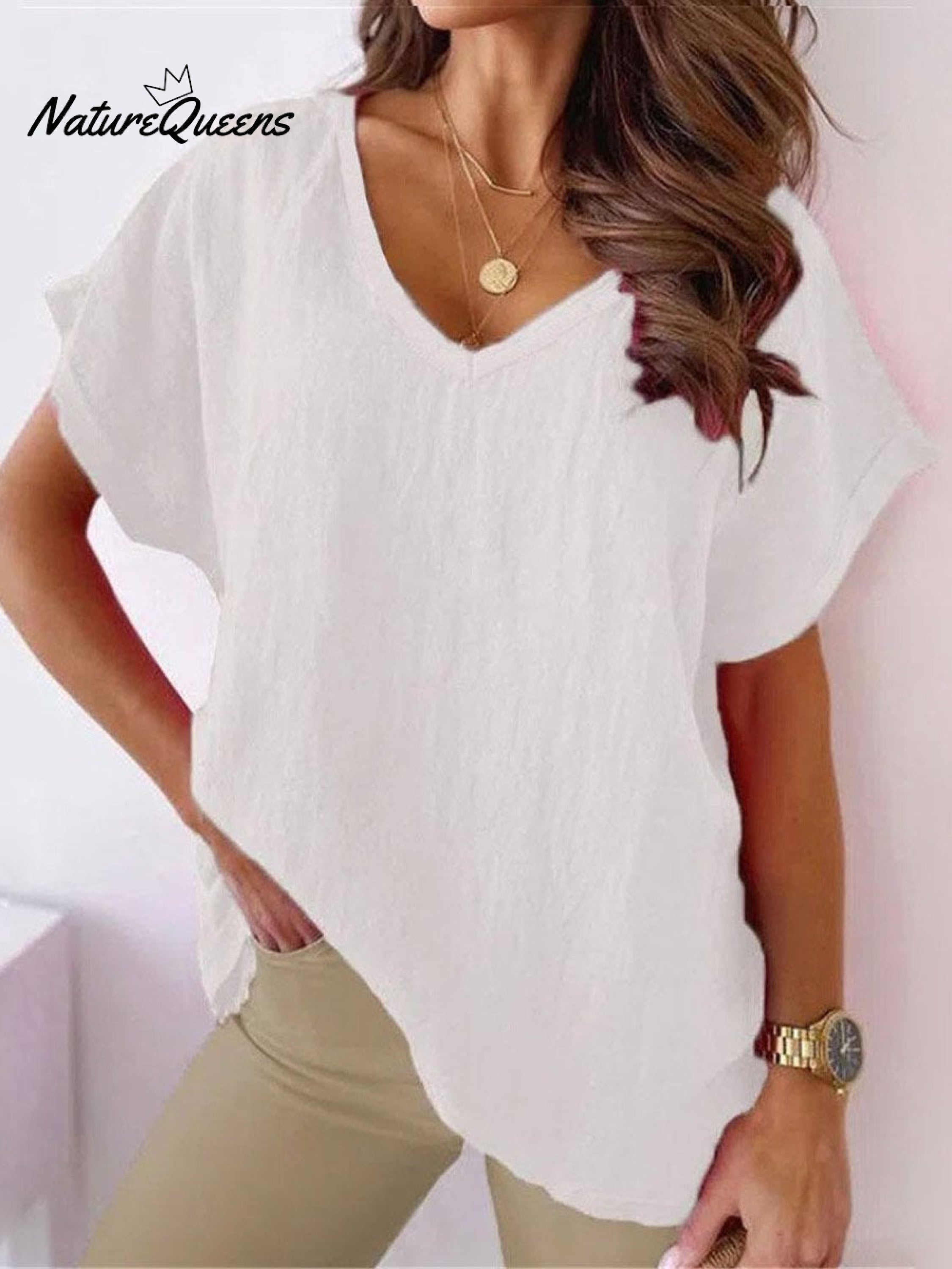 Women's Solid Color Loose Large Size Elegant Casual Cotton and linen T-shirt
