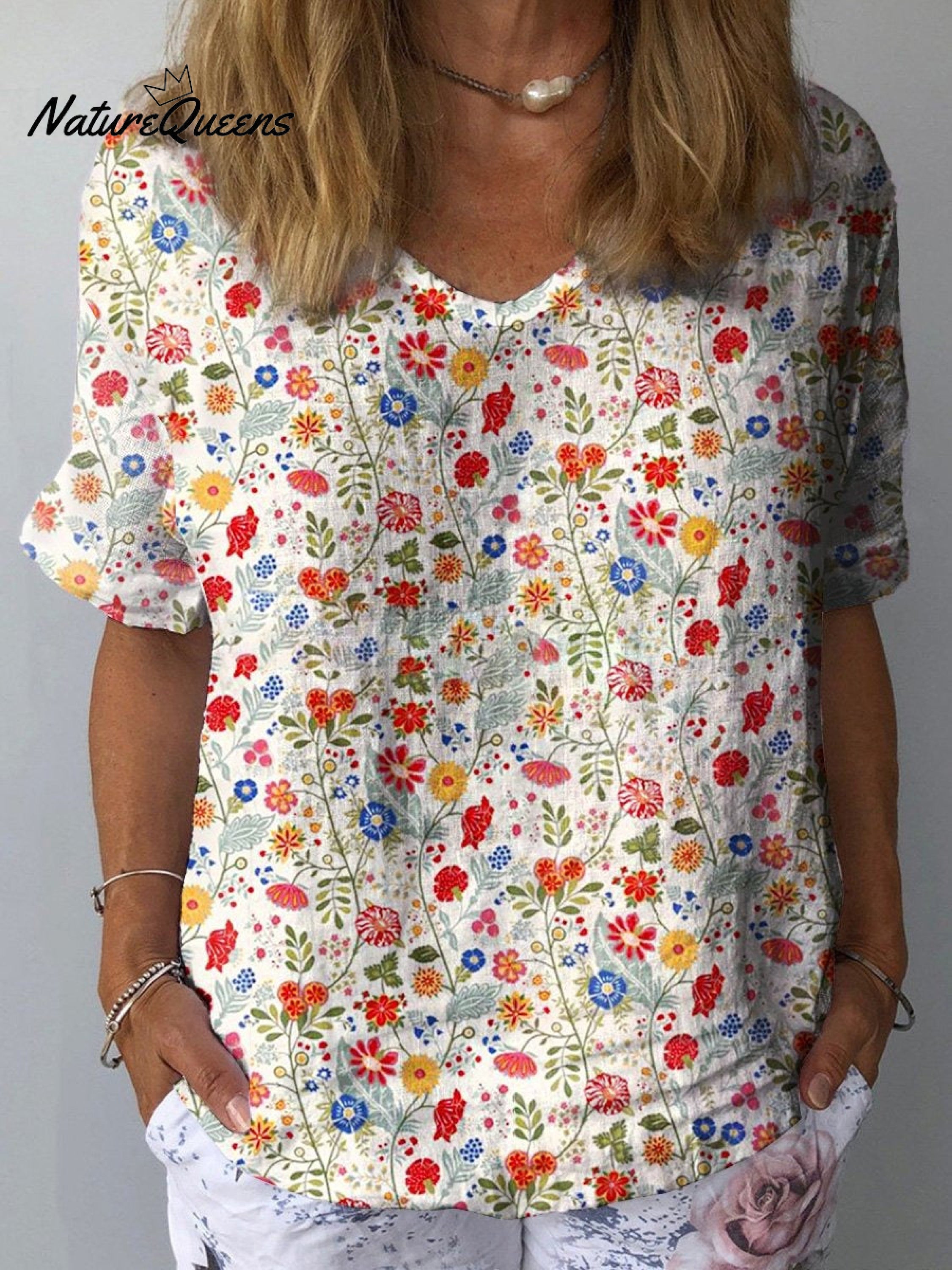 Women's  Pastoral Floral Art Print Casual Cotton And Linen Shirt