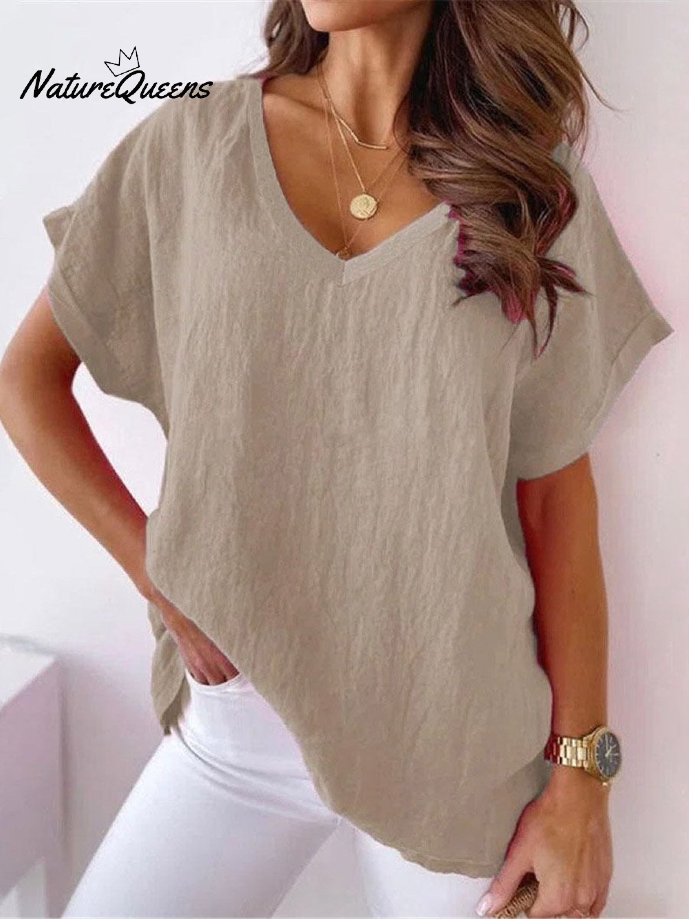 Women's Solid Color Loose Large Size Elegant Casual Cotton and linen T-shirt