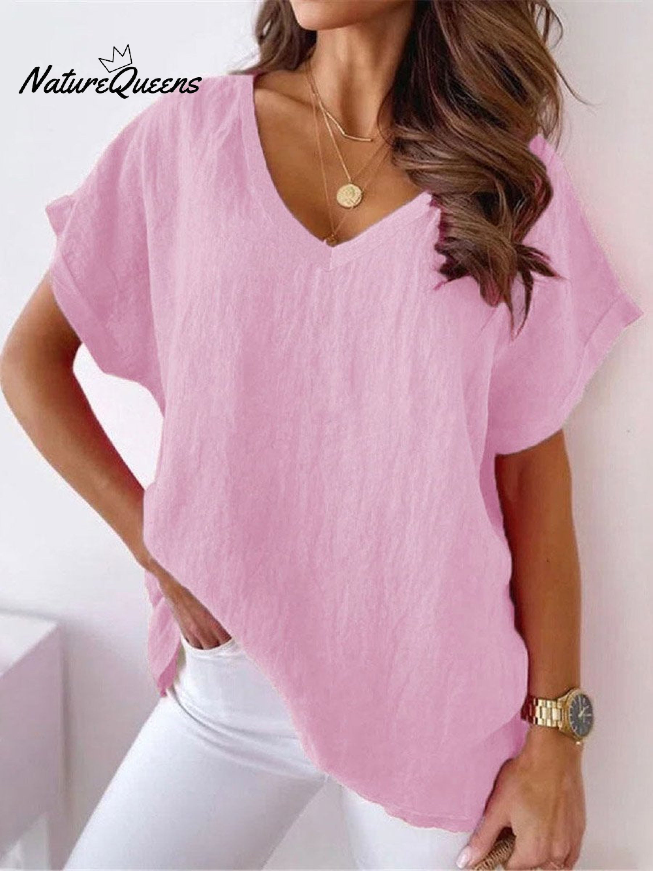 Women's Solid Color Loose Large Size Elegant Casual Cotton and linen T-shirt