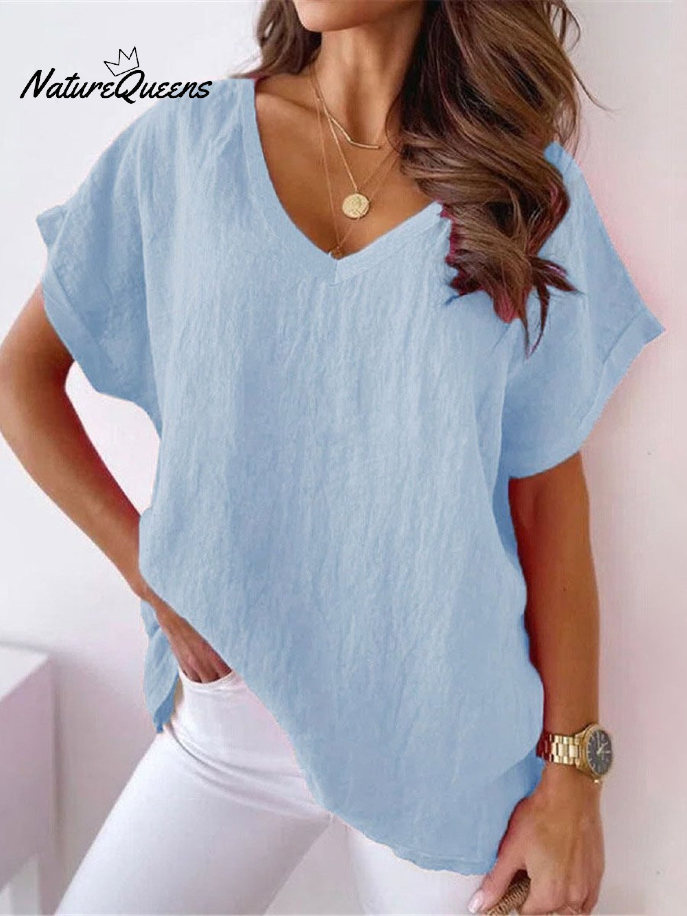 Women's Solid Color Loose Large Size Elegant Casual Cotton and linen T-shirt