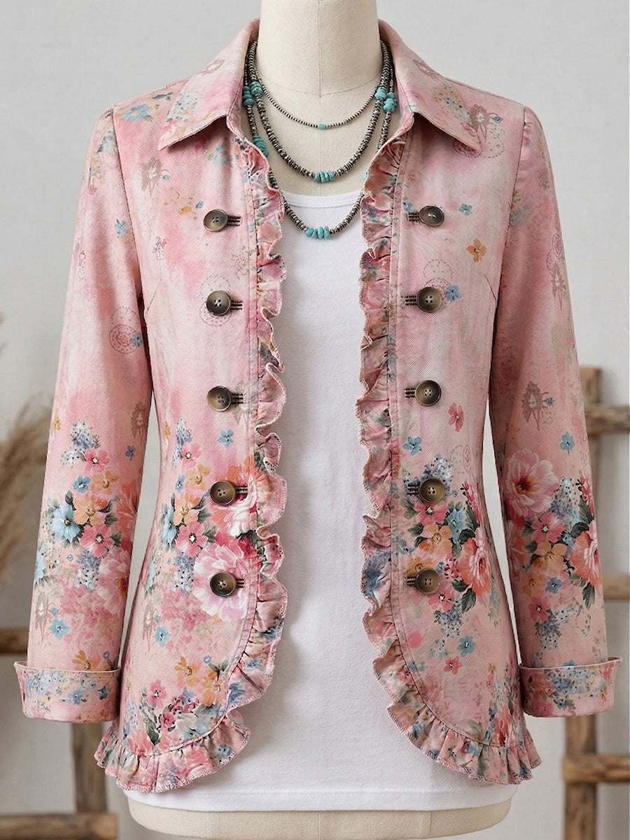 Elegant Lapel Ruffled Floral Cotton-linen Jacket Cardigan