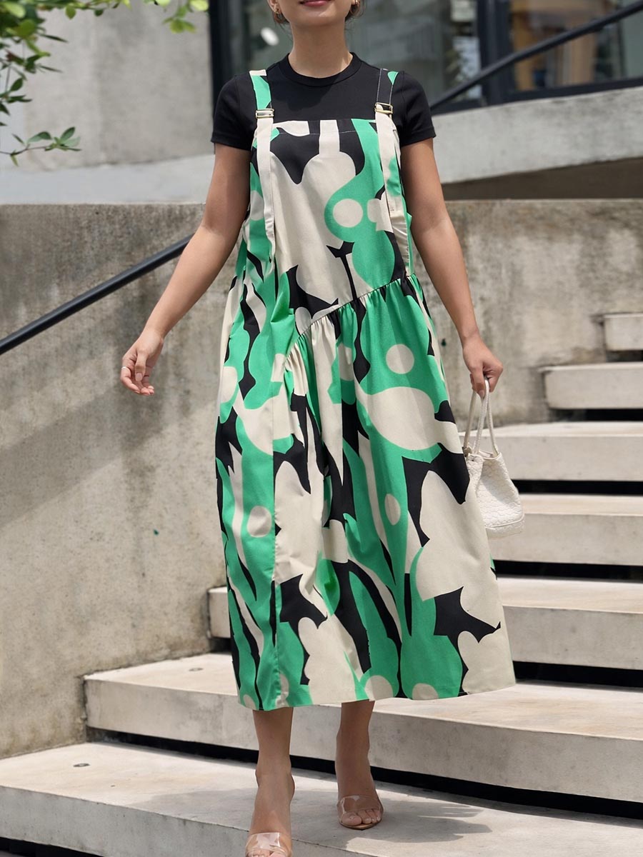 Women's Casual Loose-fit Cotton-linen Sundress With Abstract Print Square Neckline And Sleeveless Straps