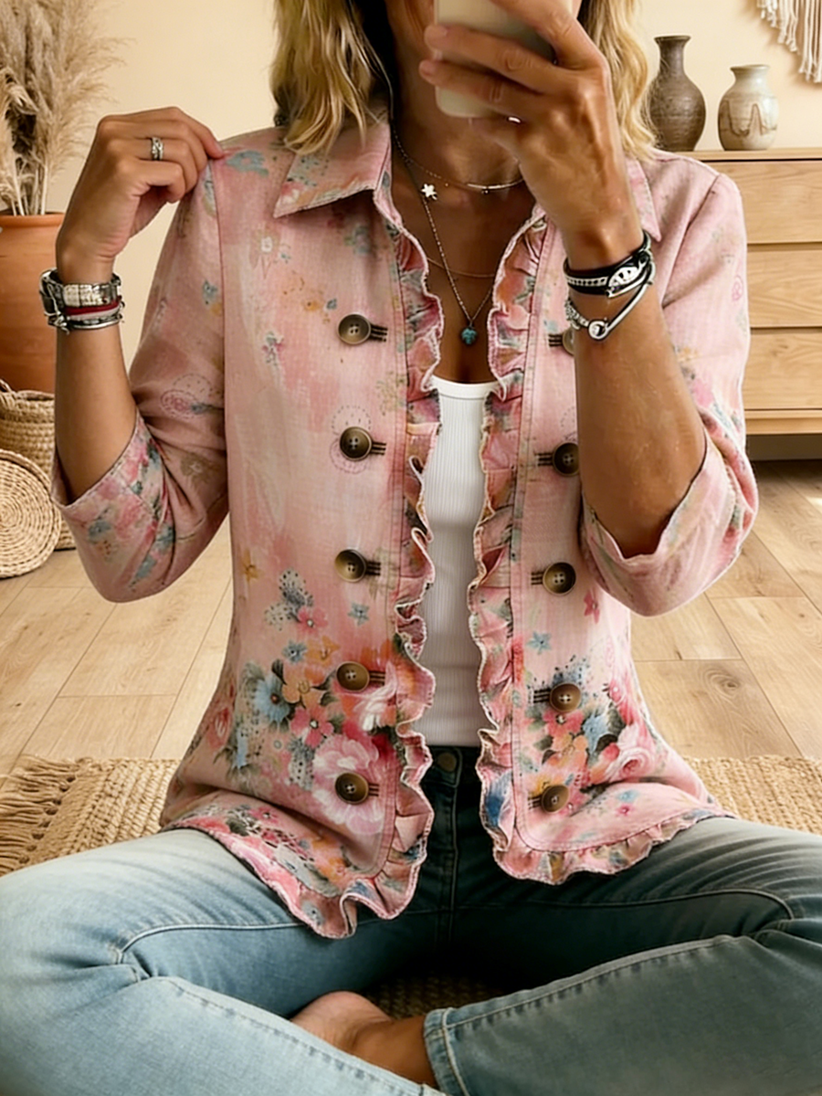 Elegant Lapel Ruffled Floral Cotton-linen Jacket Cardigan