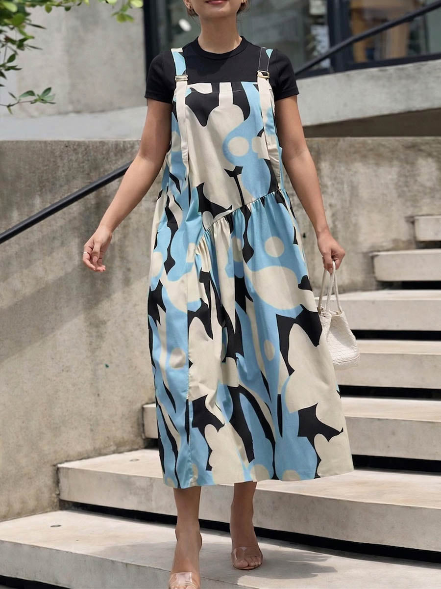 Women's Casual Loose-fit Cotton-linen Sundress With Abstract Print Square Neckline And Sleeveless Straps
