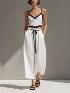 Women's Solid Color Casual Loose Cotton Linen Jacket V-neck Camisole Elastic Waist Drawstring Wide-leg Pants Cotton Linen Three-piece Set