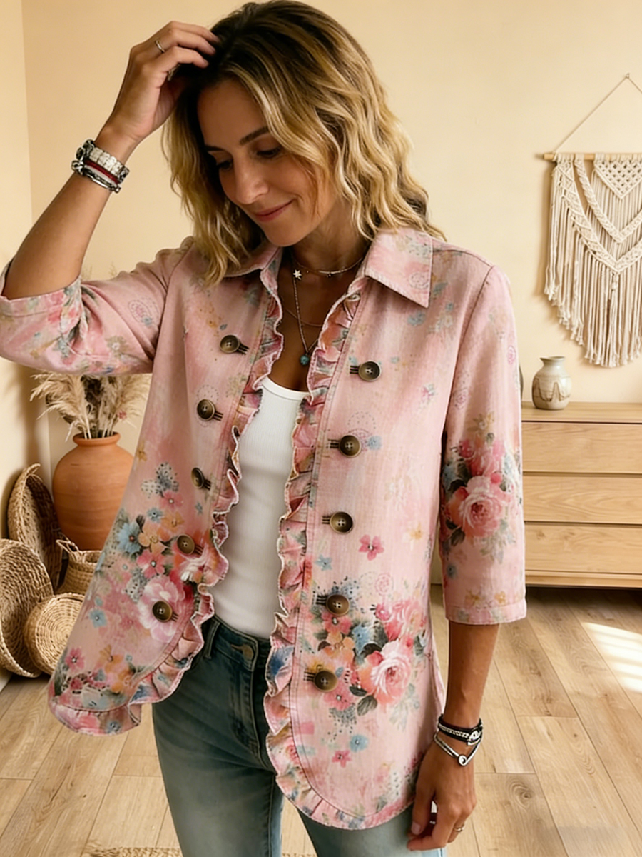 Elegant Lapel Ruffled Floral Cotton-linen Jacket Cardigan