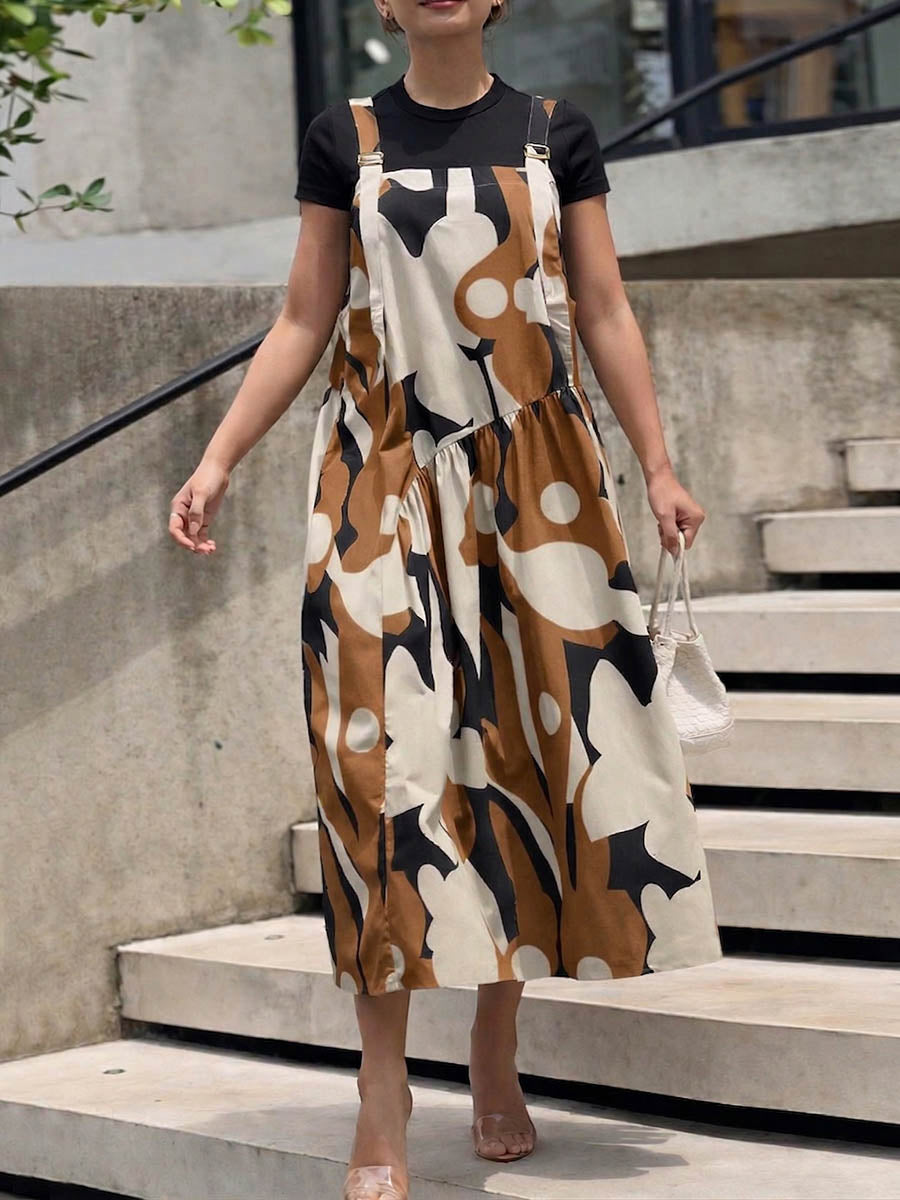 Women's Casual Loose-fit Cotton-linen Sundress With Abstract Print Square Neckline And Sleeveless Straps
